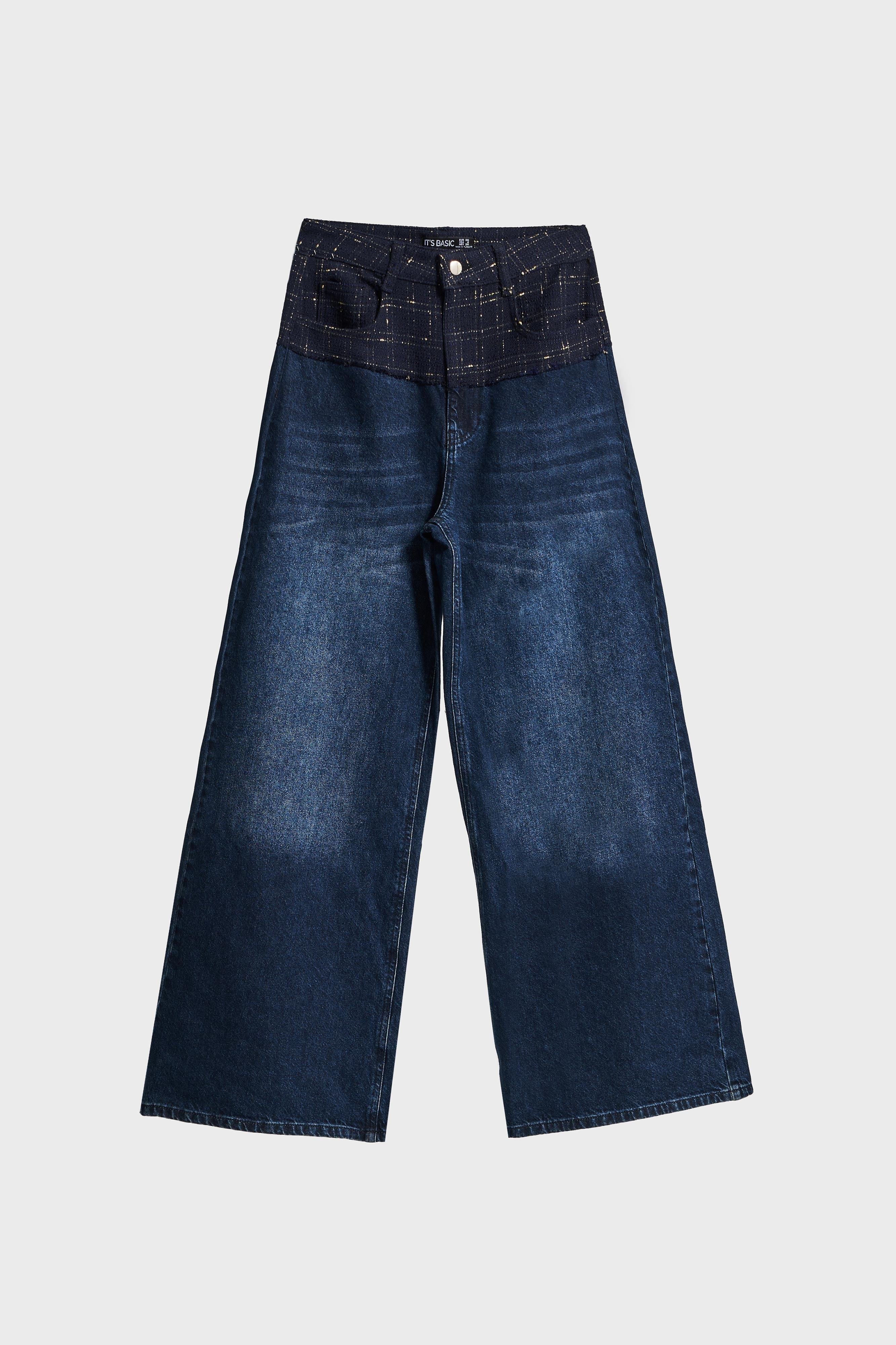 Kadın Koyu Kot Rengi 2w5-7 Palazzo Fit Çift Parça Kumaş Özel Tasarım Denim Jean