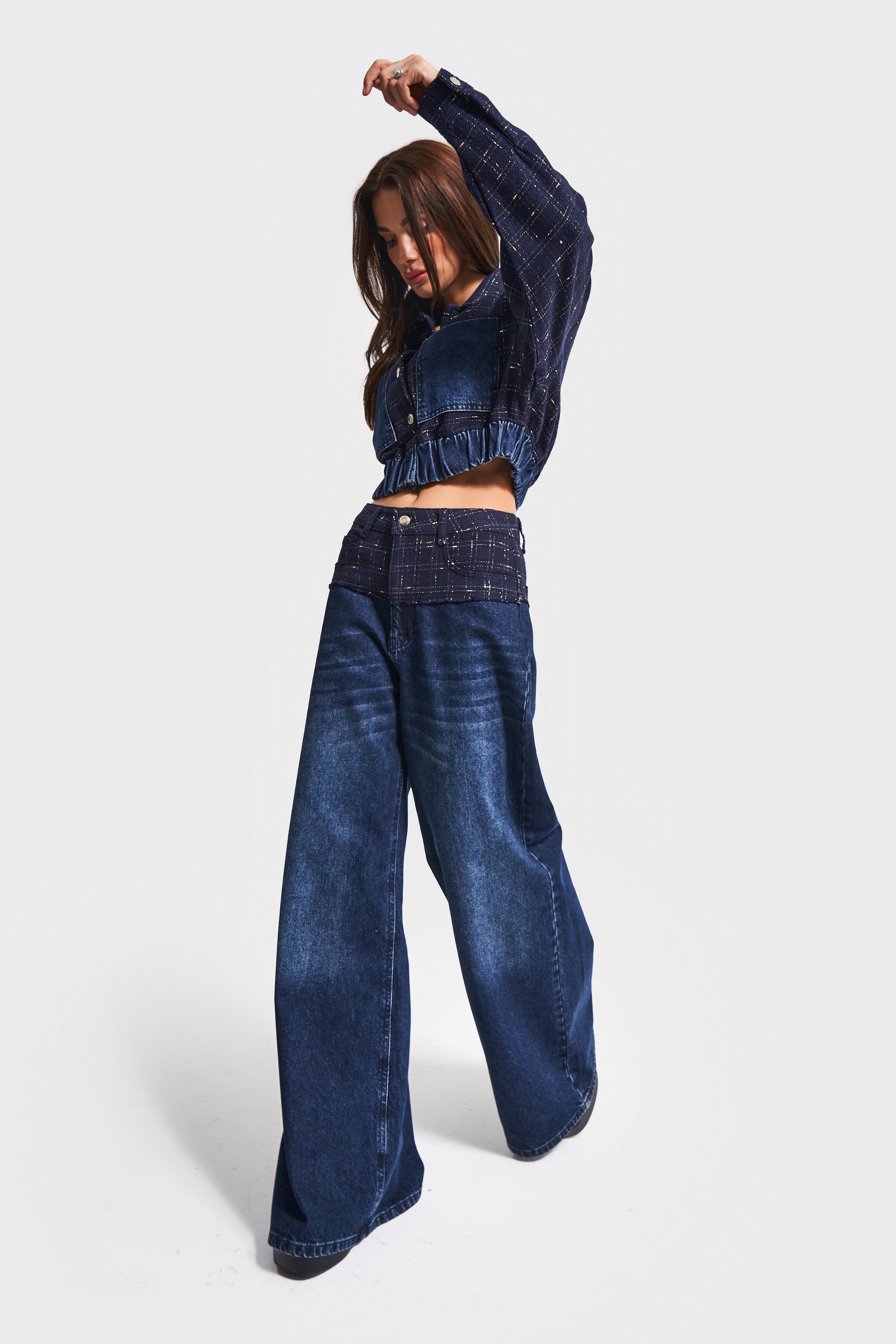 Kadın Koyu Kot Rengi 2w5-7 Palazzo Fit Çift Parça Kumaş Özel Tasarım Denim Jean