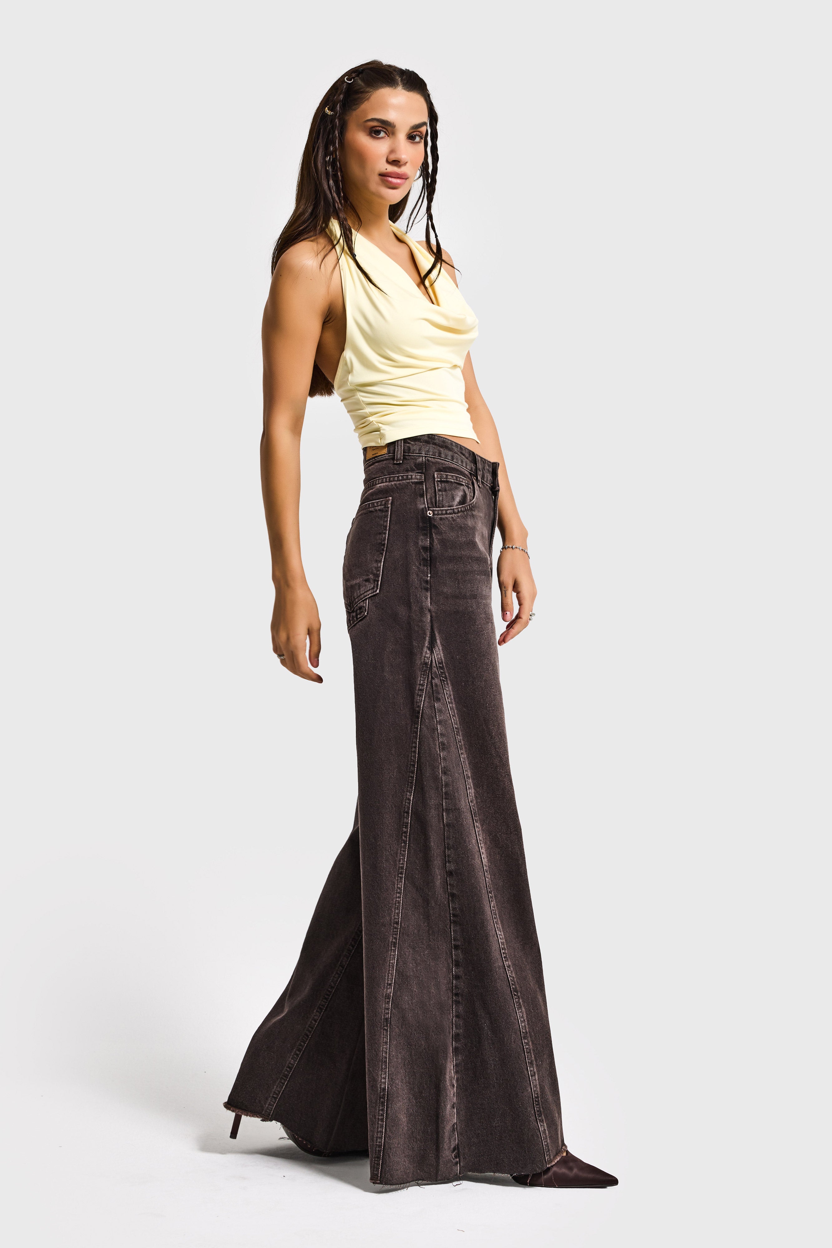 Kadın Koyu Kot Rengi 4s6-156 Süper Palazzo Fit Yan Detaylı Tasarım Denim Jean