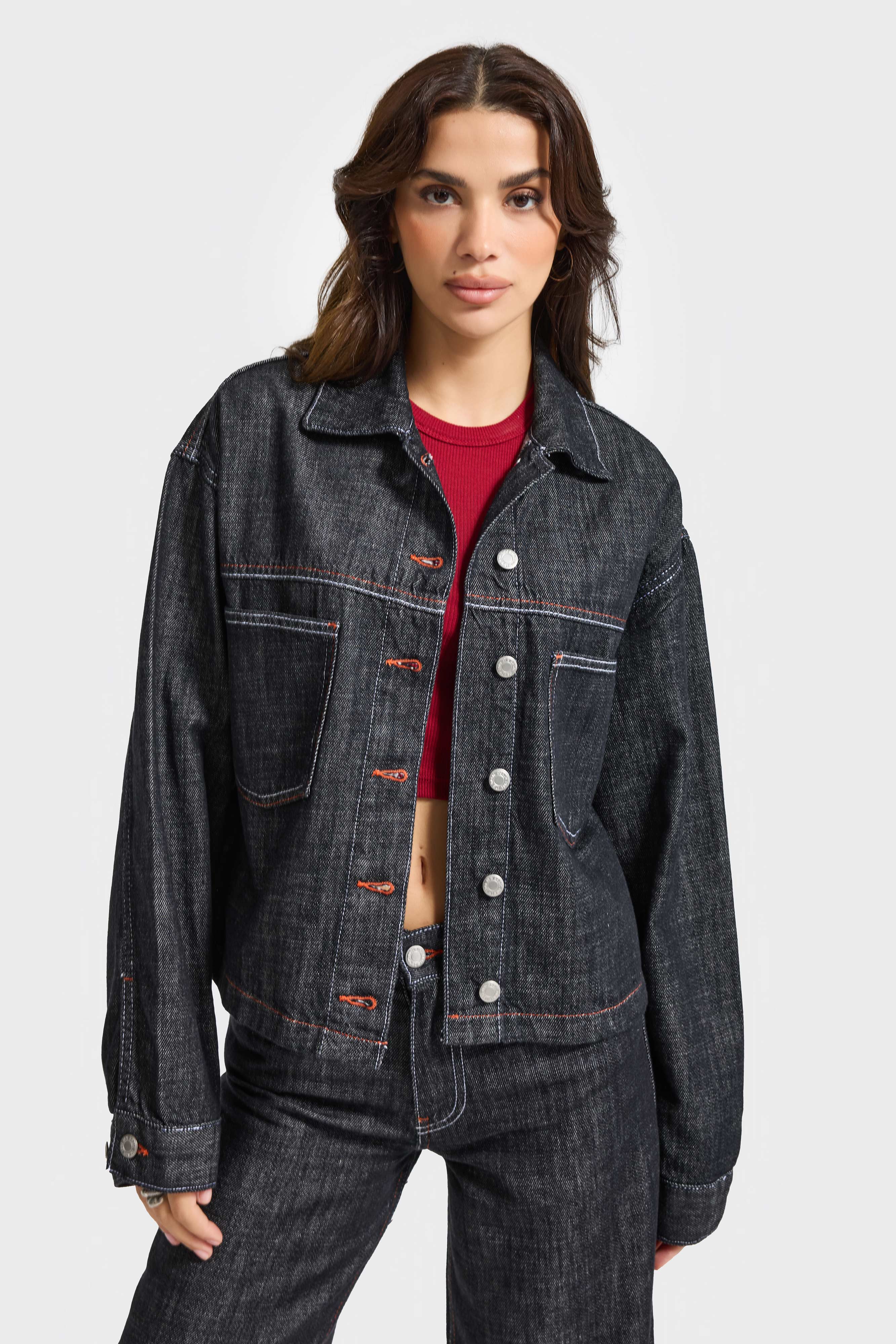 Kadın Koyu Kot Rengi 7w5-51 Oversize %100 Koton Denim Ceket