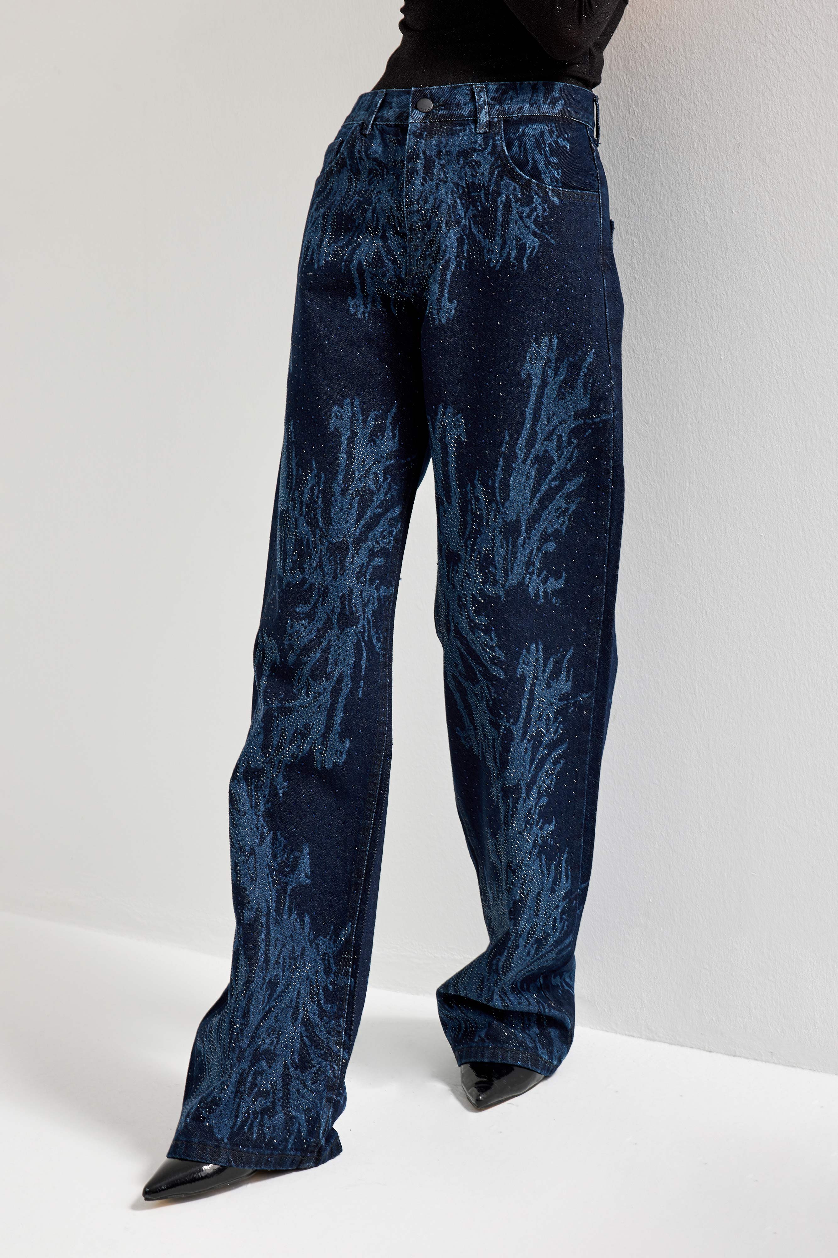 Kadın Koyu Kot Rengi 9s6-5 Loose Fit Parlak Taşlı Özel Tasarım Denim Jean