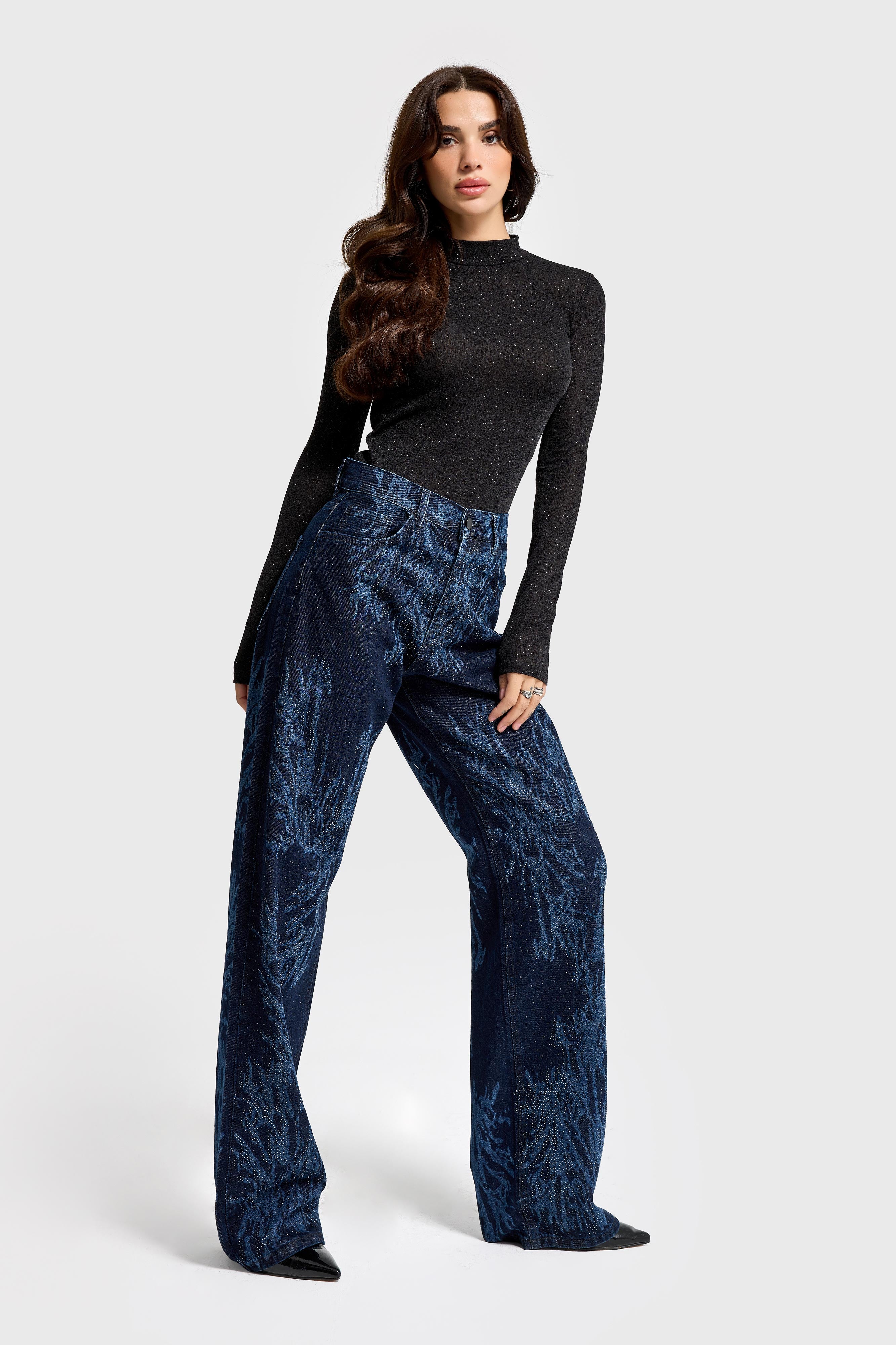 Kadın Koyu Kot Rengi 9s6-5 Loose Fit Parlak Taşlı Özel Tasarım Denim Jean