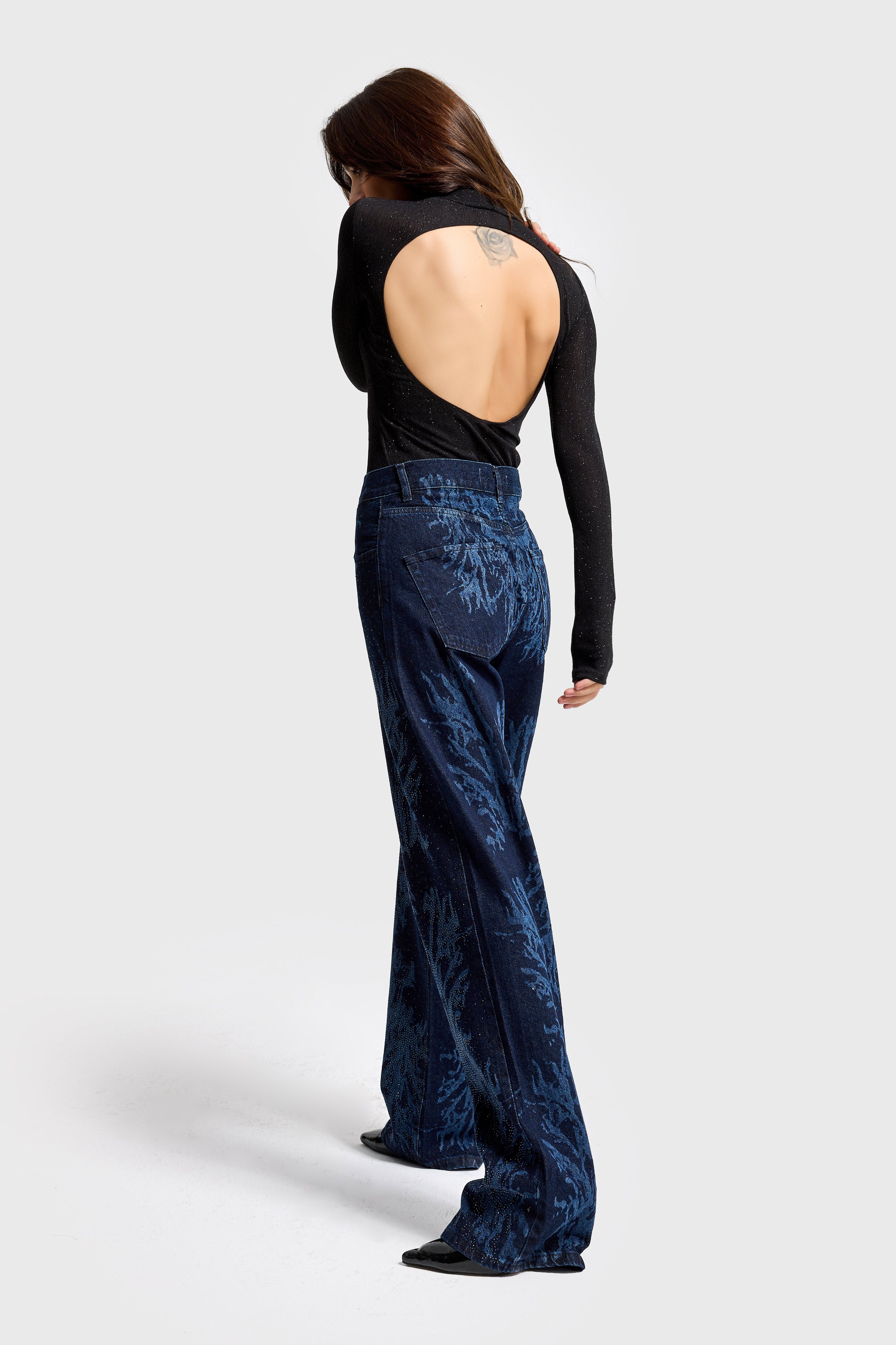 Kadın Koyu Kot Rengi 9s6-5 Loose Fit Parlak Taşlı Özel Tasarım Denim Jean