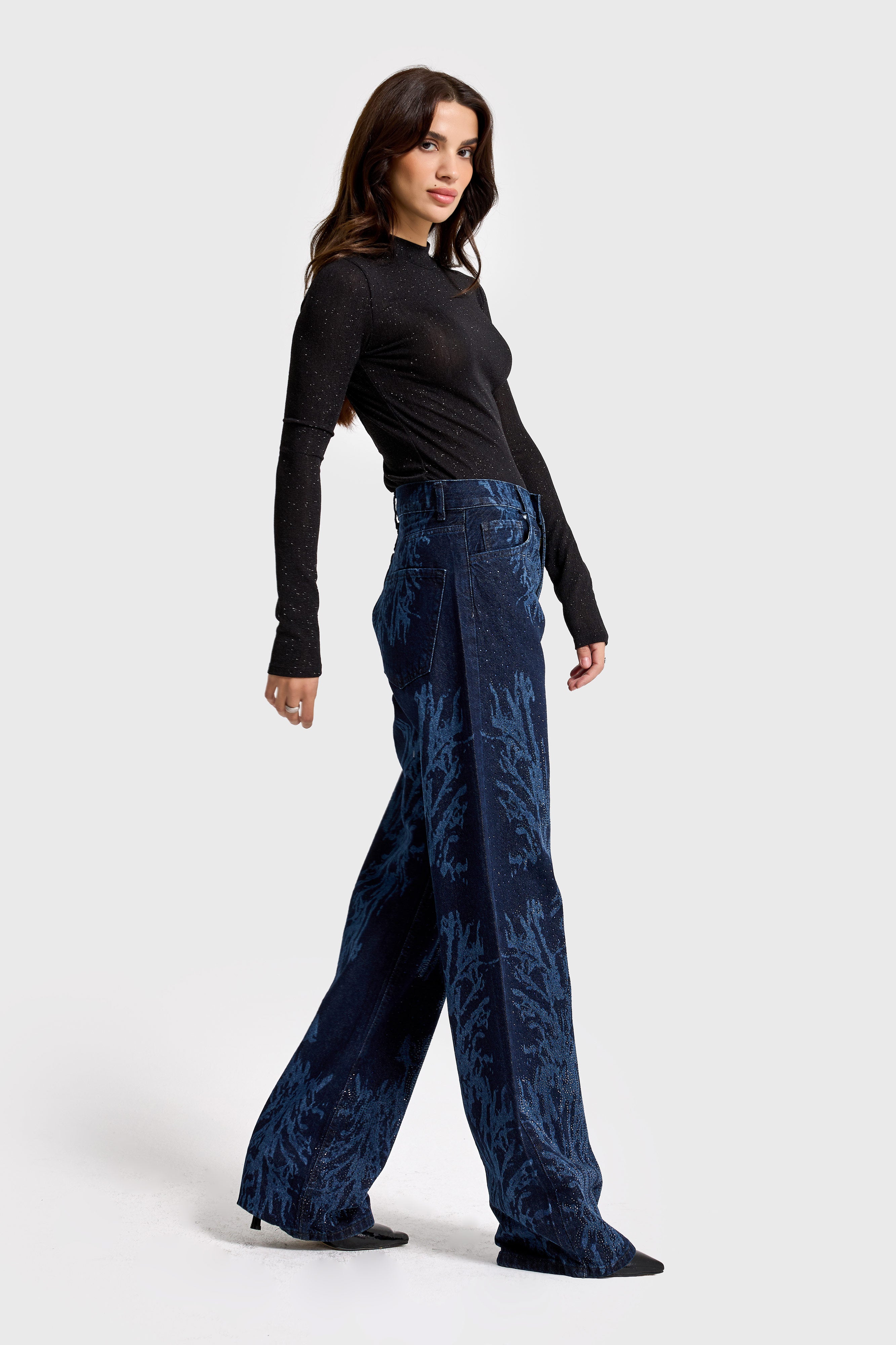 Kadın Koyu Kot Rengi 9s6-5 Loose Fit Parlak Taşlı Özel Tasarım Denim Jean