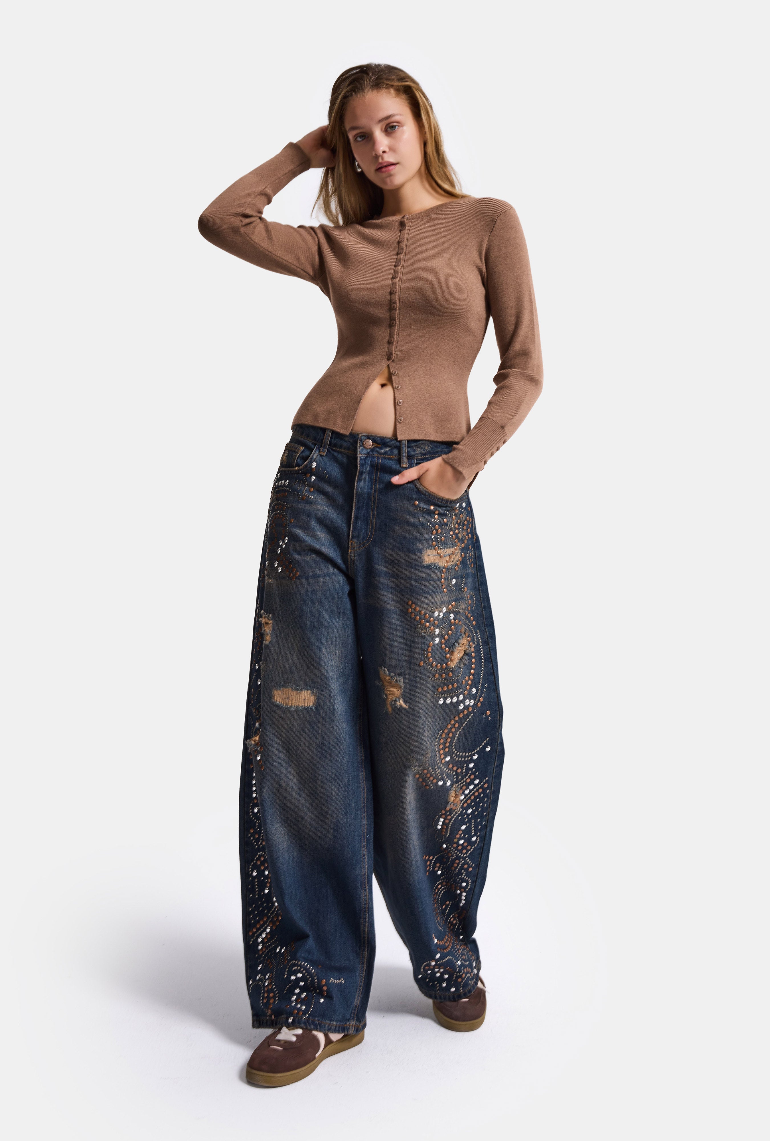 Kadın Koyu Kot T-10w6-8 Palazzo Fit Taş ve Drop Detaylı Özel Tsarım Denim Jean