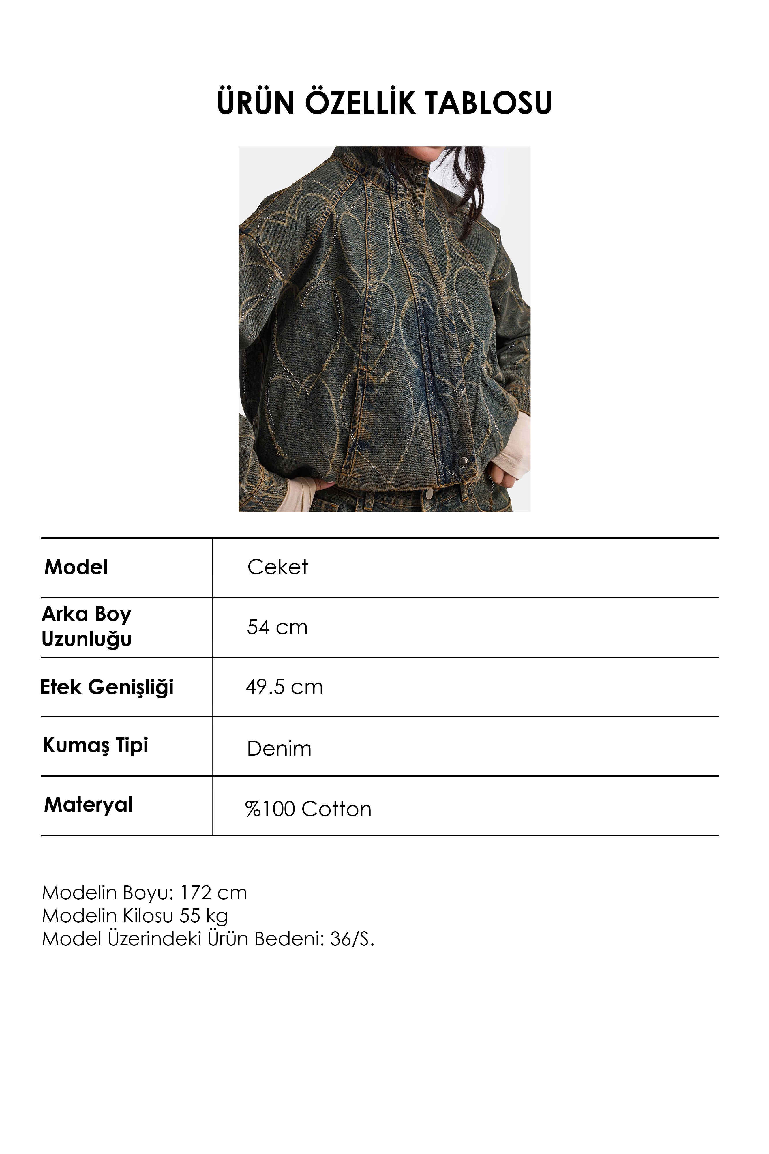 Kadın Koyu Kot T-9w6-8 Oversize Bomber Özel Desen Taş Tasarım Denim Ceket