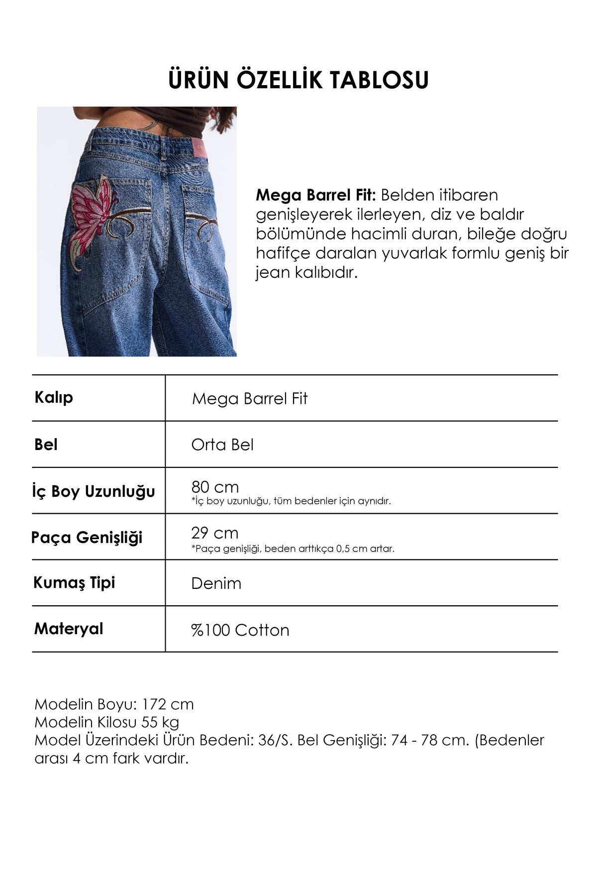 Kadın Koyu Mavi 2w6-98 Mega Barrel Fit Nakış Özel Tasarım Denim Jean