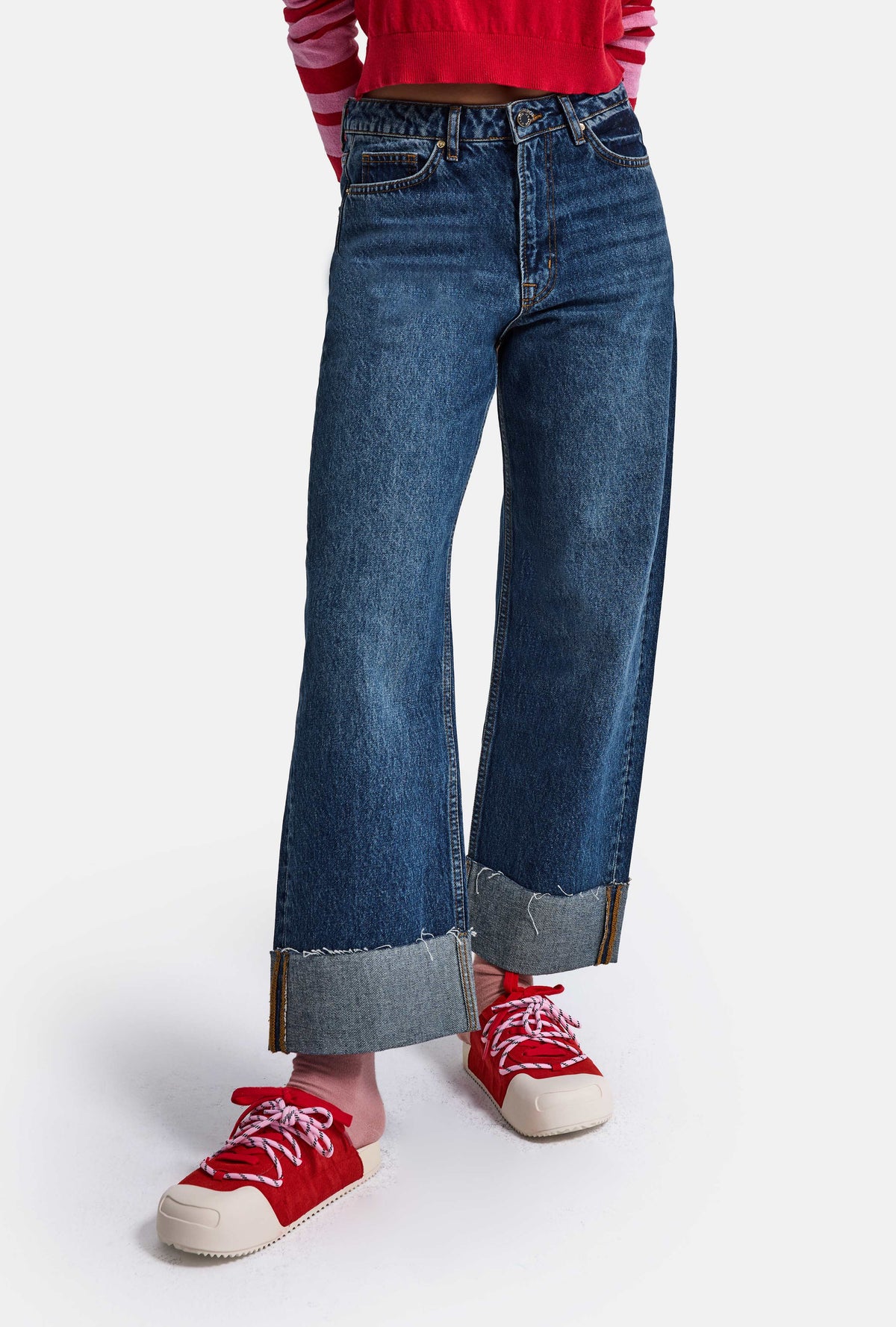 Kadın Koyu Mavi 2w6-5 Relaxed Fit Paça Detaylı Denim Jean