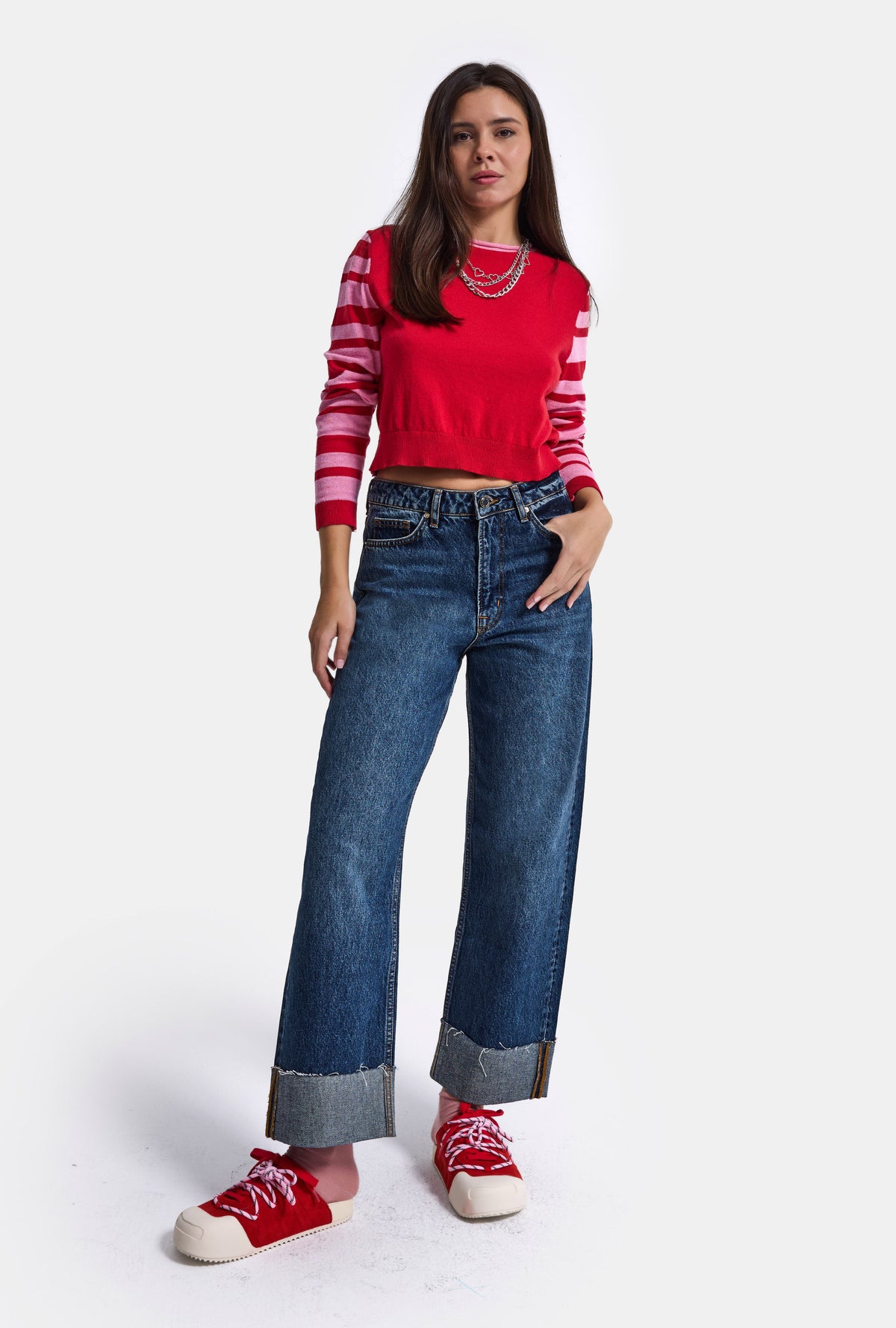 Kadın Koyu Mavi 2w6-5 Relaxed Fit Paça Detaylı Denim Jean