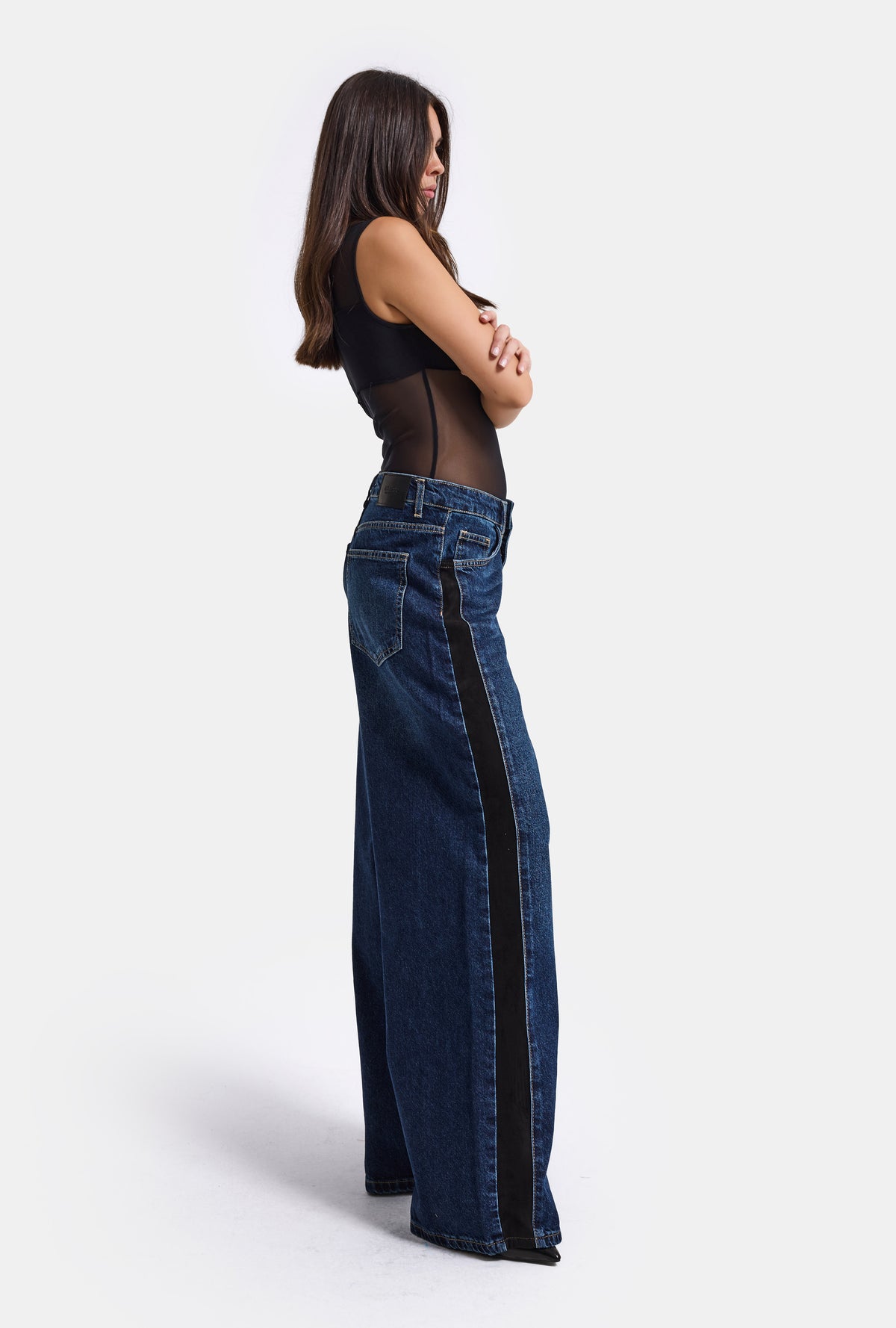 Kadın Koyu Mavi 2w6-5 Süper Baggy Yan Süet Detaylı Özel Tasarım Denim Jean