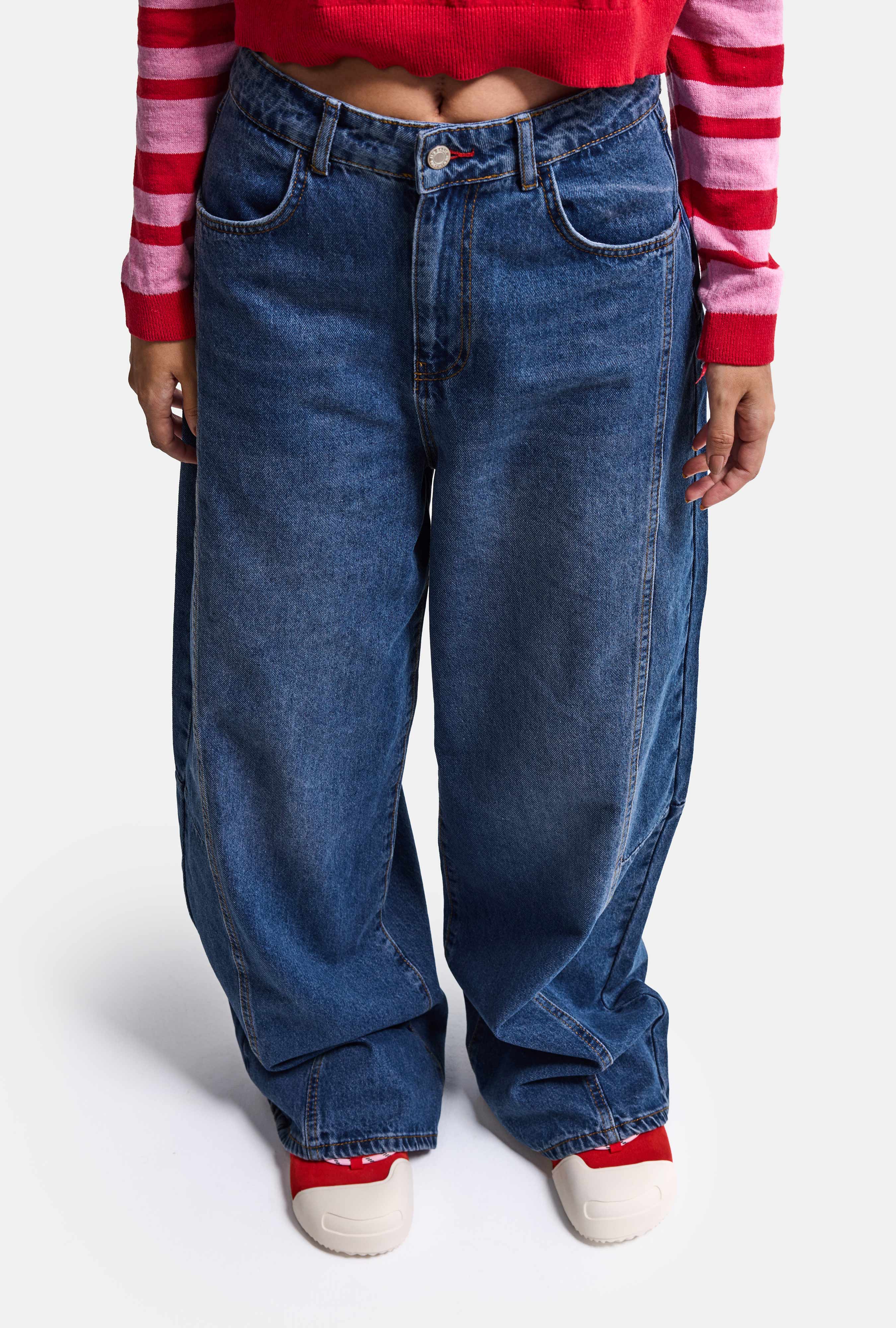 Kadın Koyu Mavi 2w6-98 Mega Baggy Chery Nakış Özel Tasarım Denim Jean