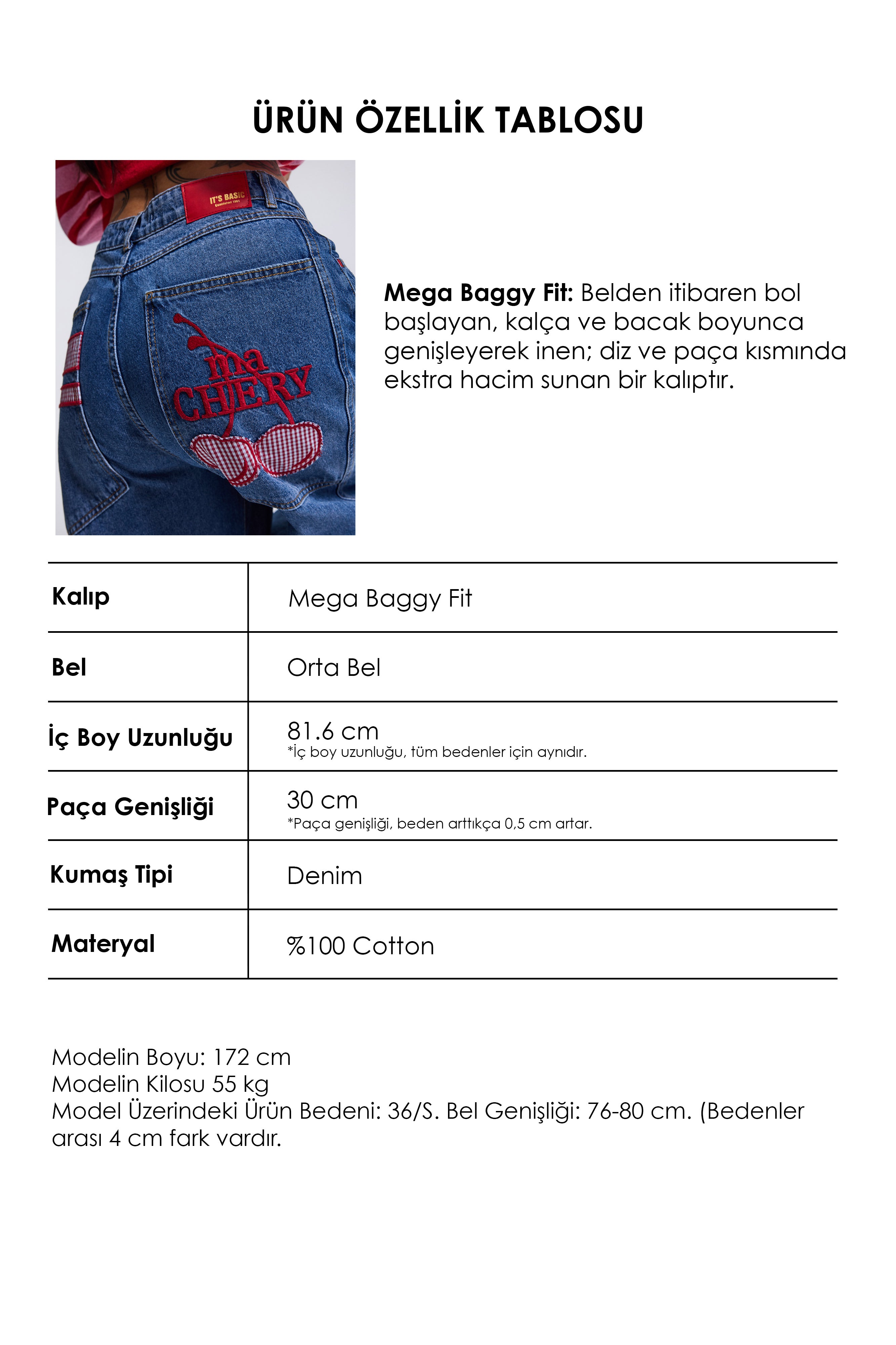 Kadın Koyu Mavi 2w6-98 Mega Baggy Chery Nakış Özel Tasarım Denim Jean