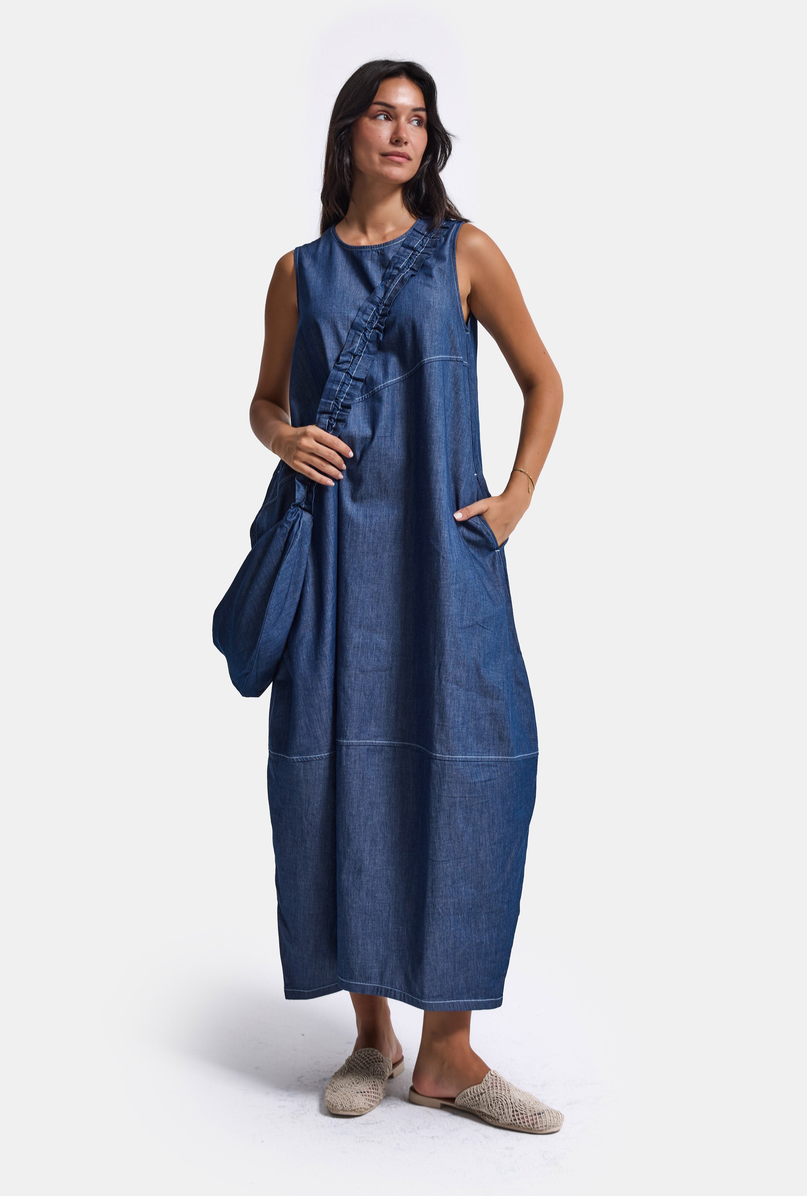 Kadın Koyu Mavi Oversize 2'li Tasarım Çanta ve Elbise