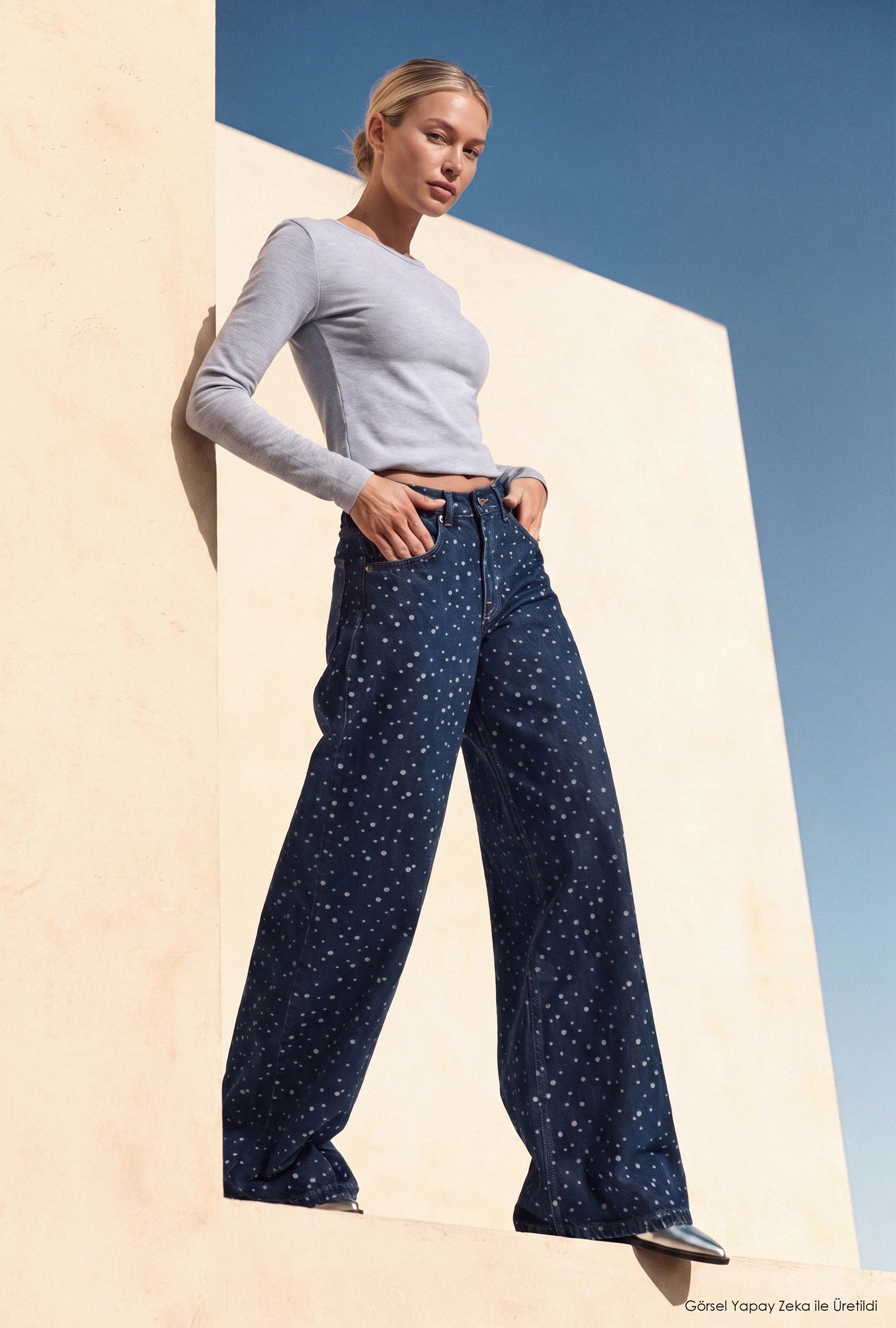 Kadın Koyu Mavi Puantiye P-1w6-11 Palazzo Fit Özel Tsarım Denim Jean