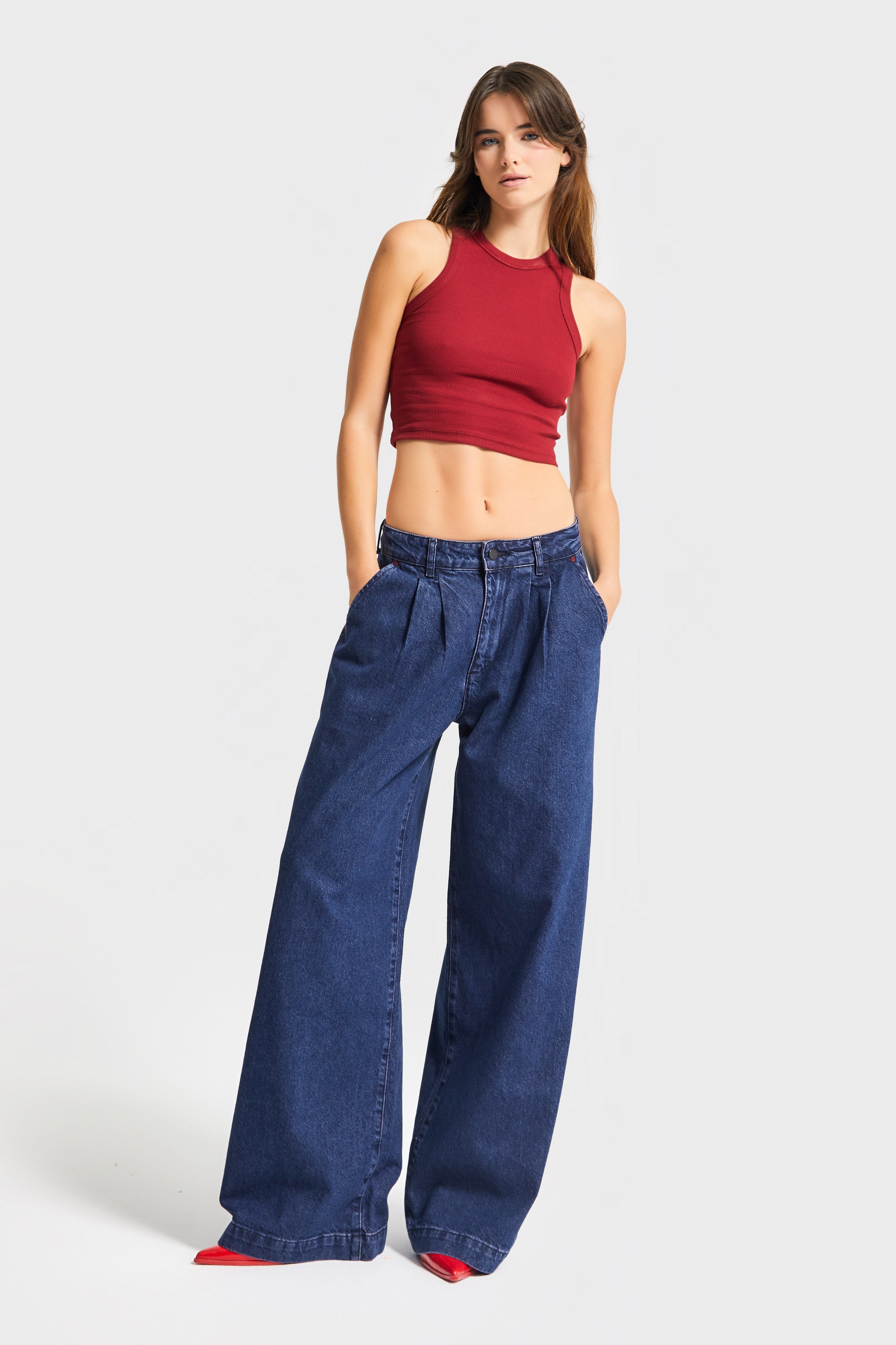 Kadın Koyu Mavi Renk 1w5-149 Palazzo Fit %100 Koton Özel Dökümlü Kumaş Denim Jean