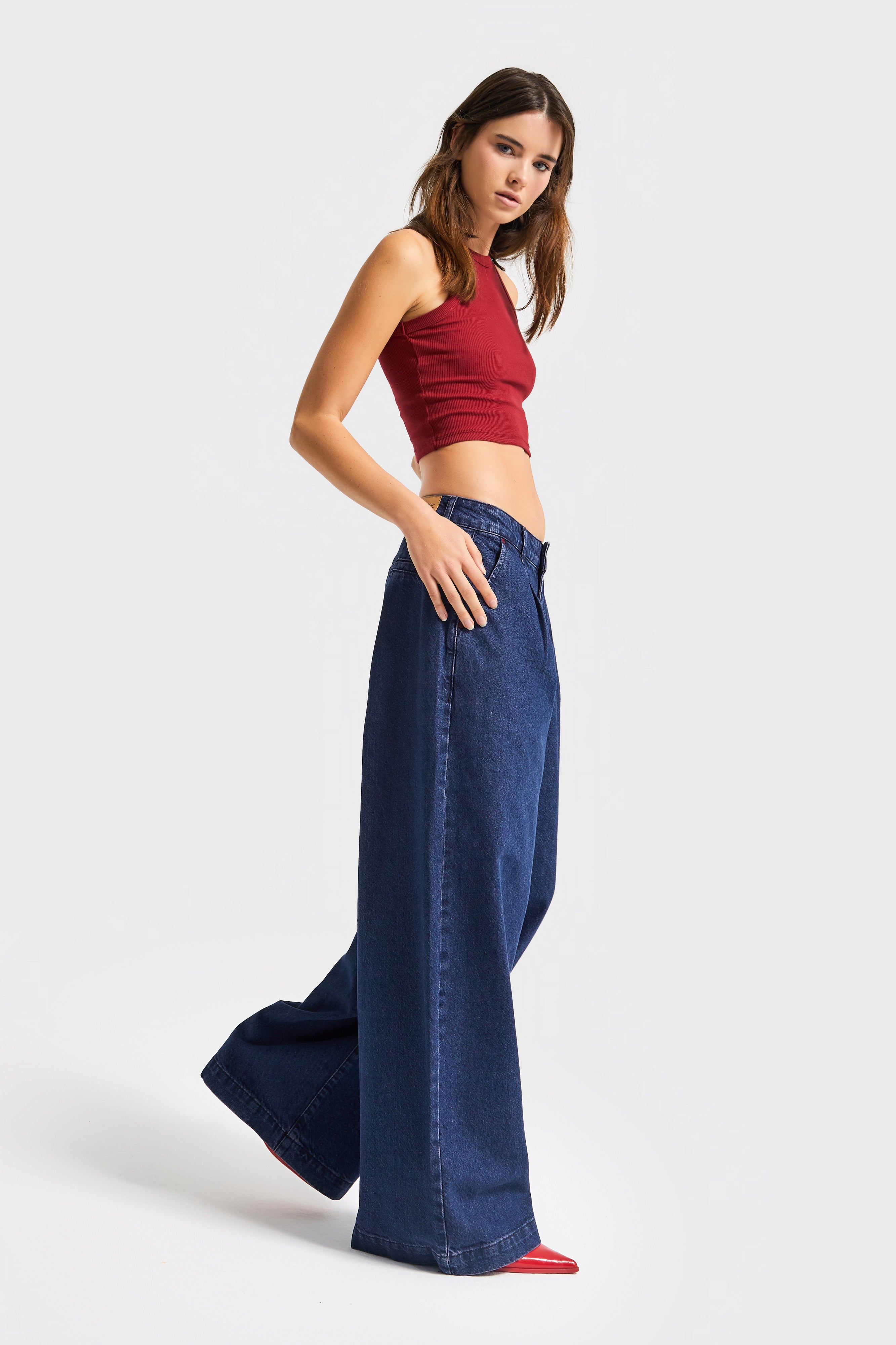 Kadın Koyu Mavi Renk 1w5-149 Palazzo Fit %100 Koton Özel Dökümlü Kumaş Denim Jean