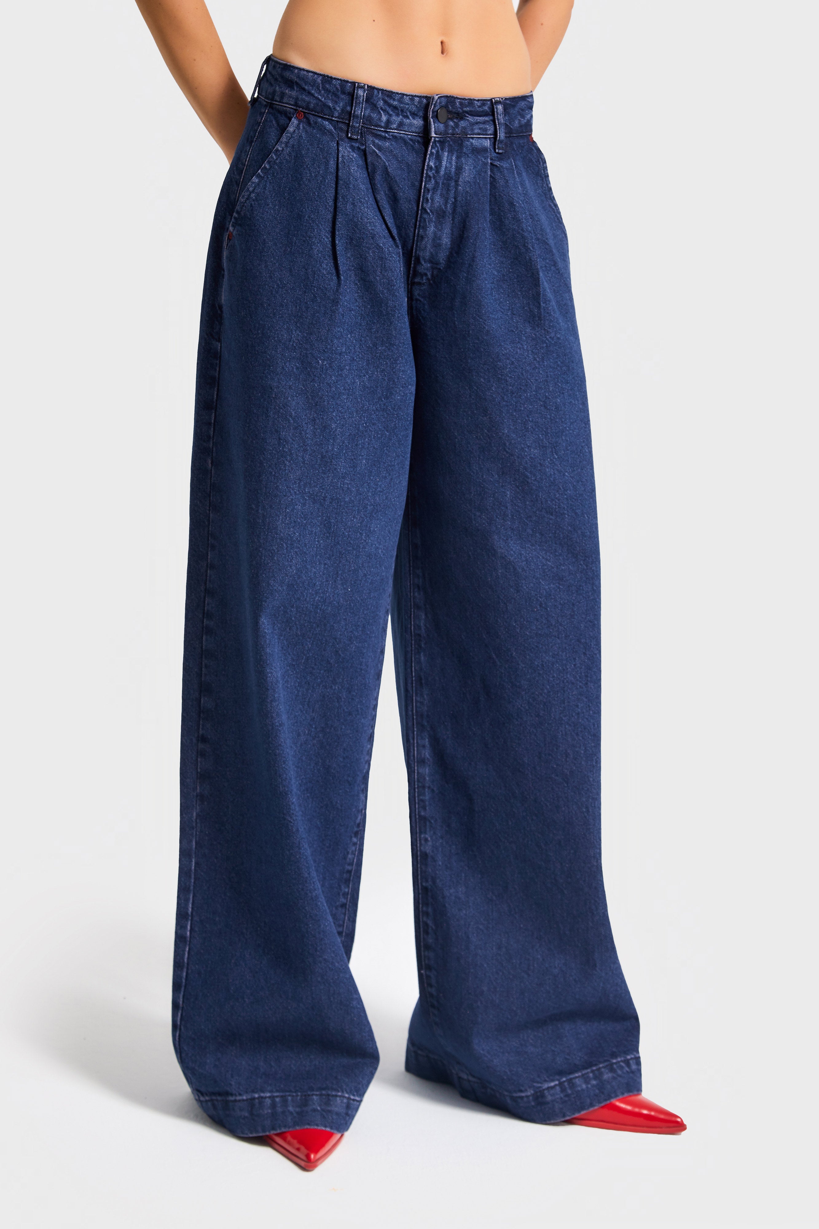 Kadın Koyu Mavi Renk 1w5-149 Palazzo Fit %100 Koton Özel Dökümlü Kumaş Denim Jean