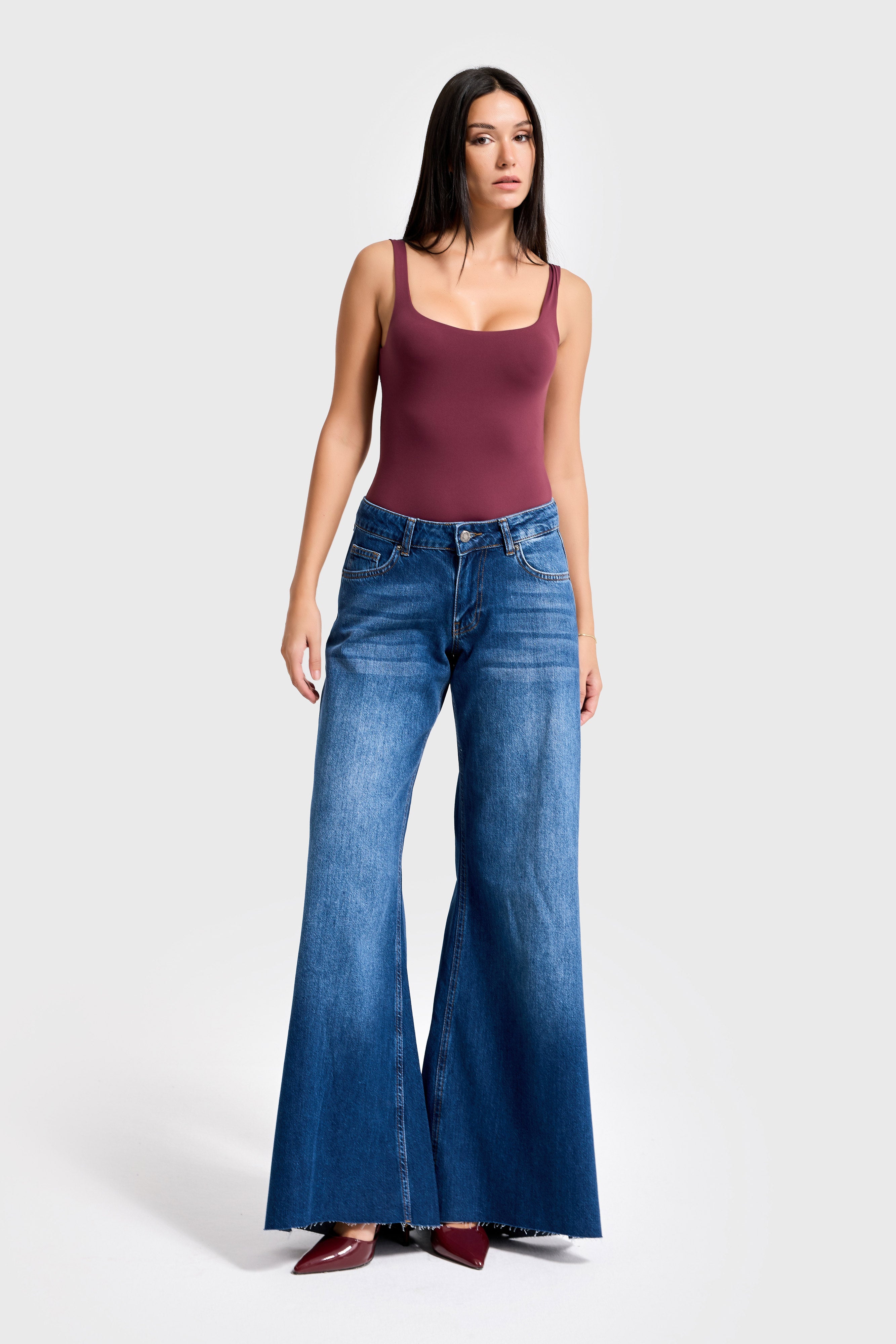 Kadın Koyu Mavi Renk 2w5-5 Elephant Leg Fit Bol Kesim Paça Detaylı Denim Jean