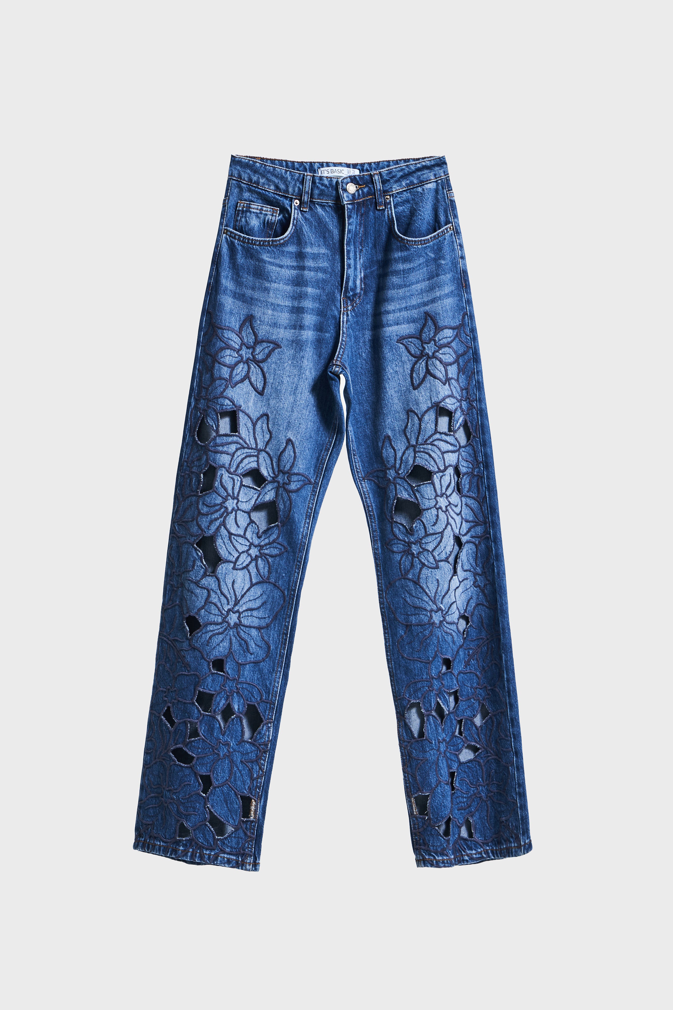 Kadın Koyu Mavi Renk 2w5-5 Loose Fit Viskon Kumaş Çiçek Desen Nakışlı Özel Tasarım Orta Bel Denim Jean