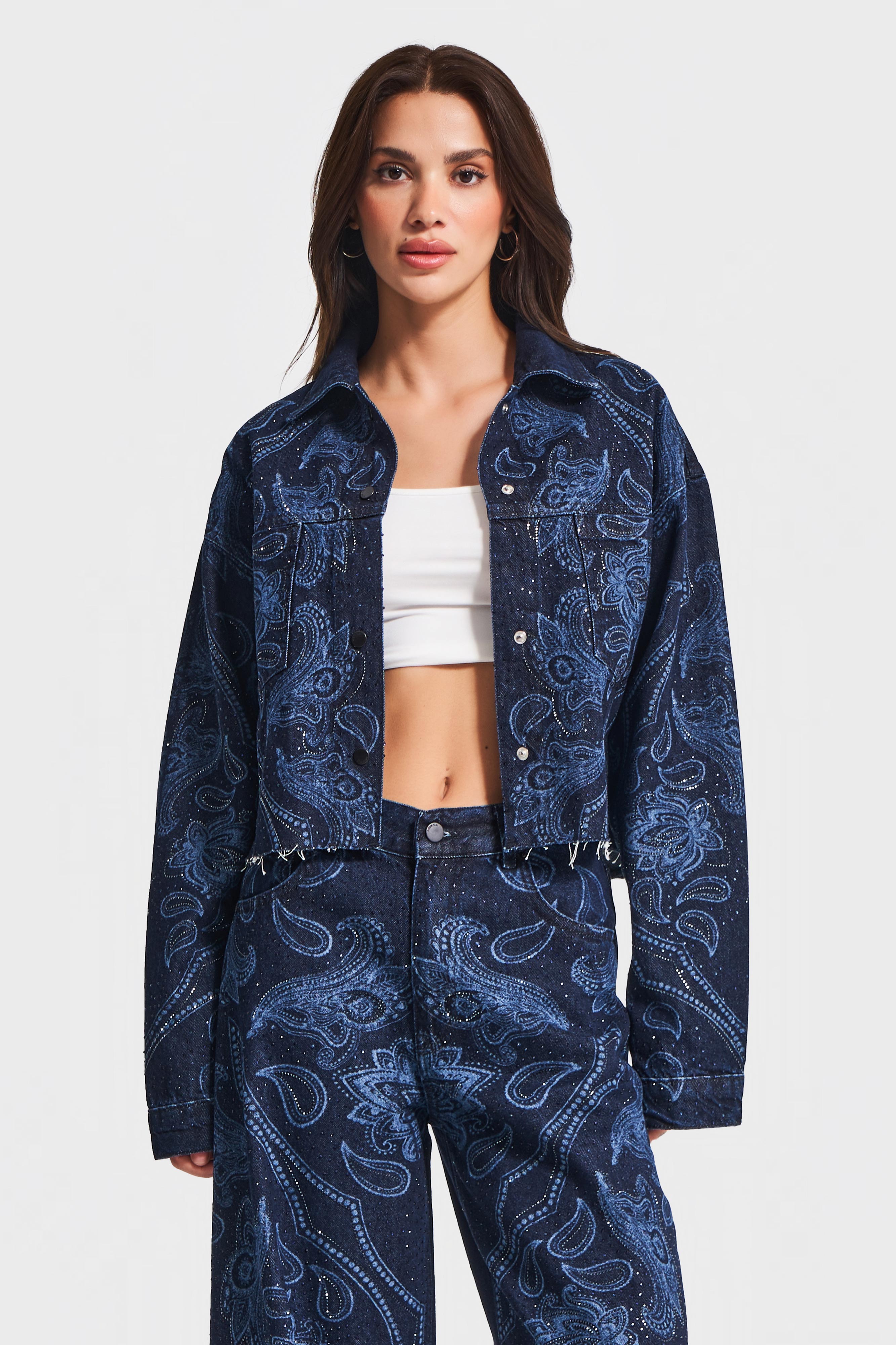 Kadın Koyu Mavi Renk 9w5-5 Önü Düğmeli Parlak Taş Desenli Özel Tasarım Denim Ceket