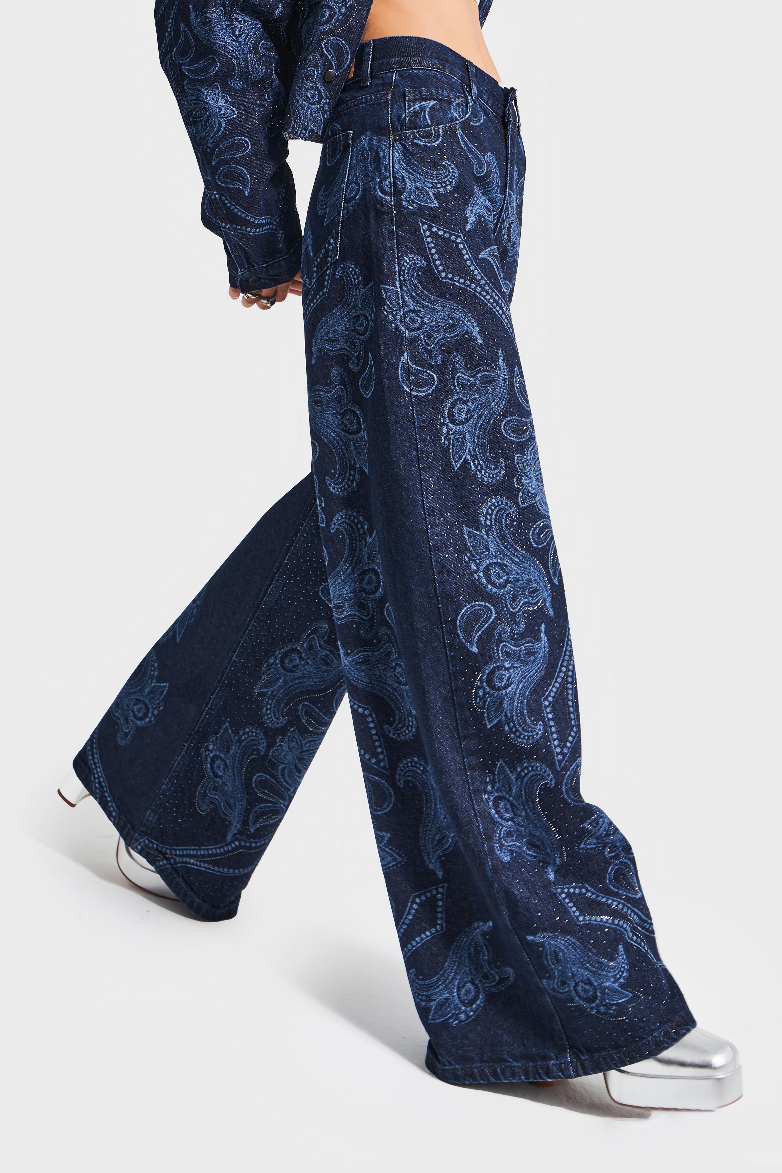 Kadın Koyu Mavi Renk 9w5-5 Palazzo Fit Parlak Taş Desenli Özel Tasarım Denim Jean