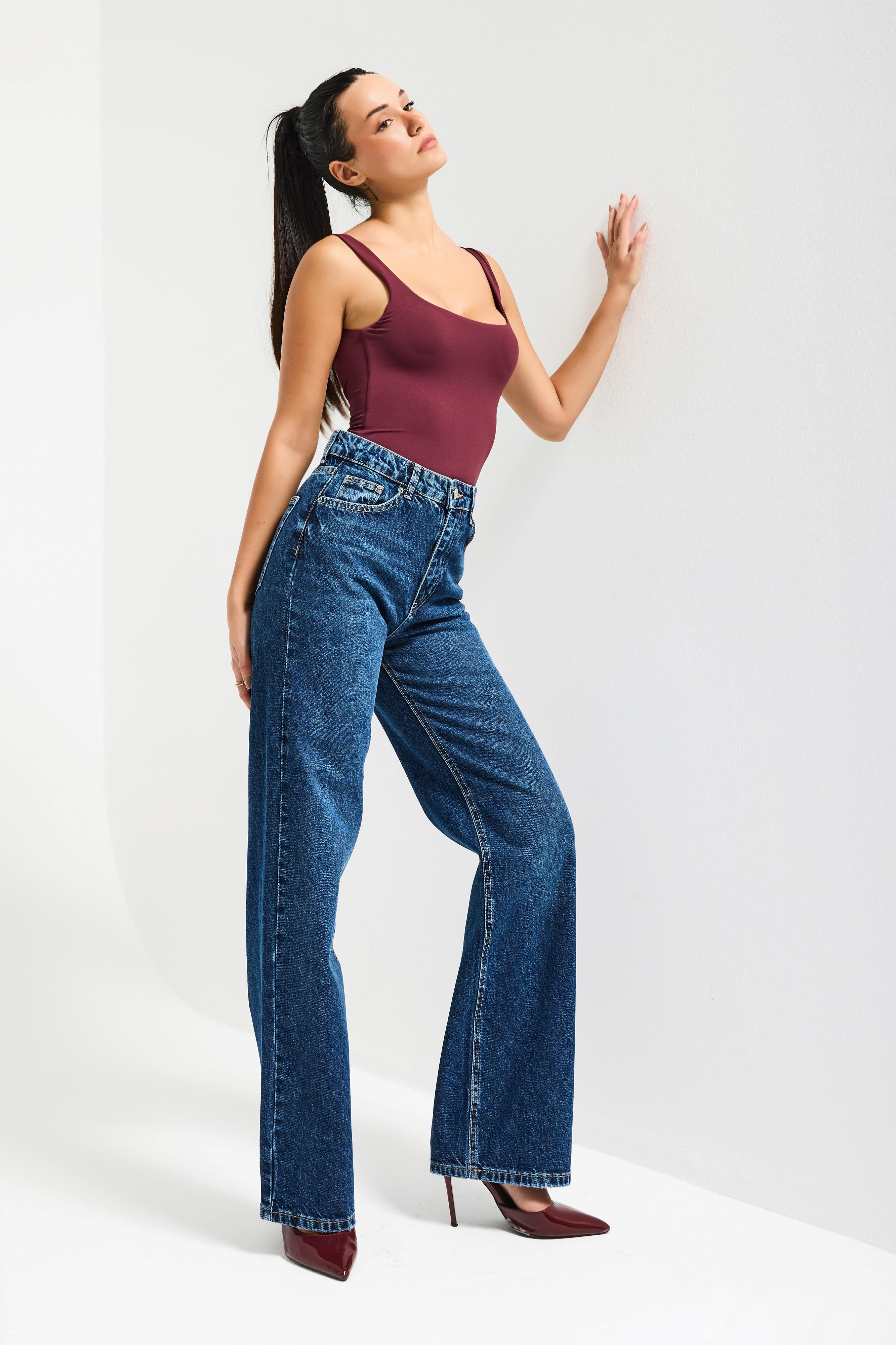 Kadın Koyu Mavi Renk Doris 2s6-5 Straight Fit Yüksek Bel %100 Koton Denim Jean