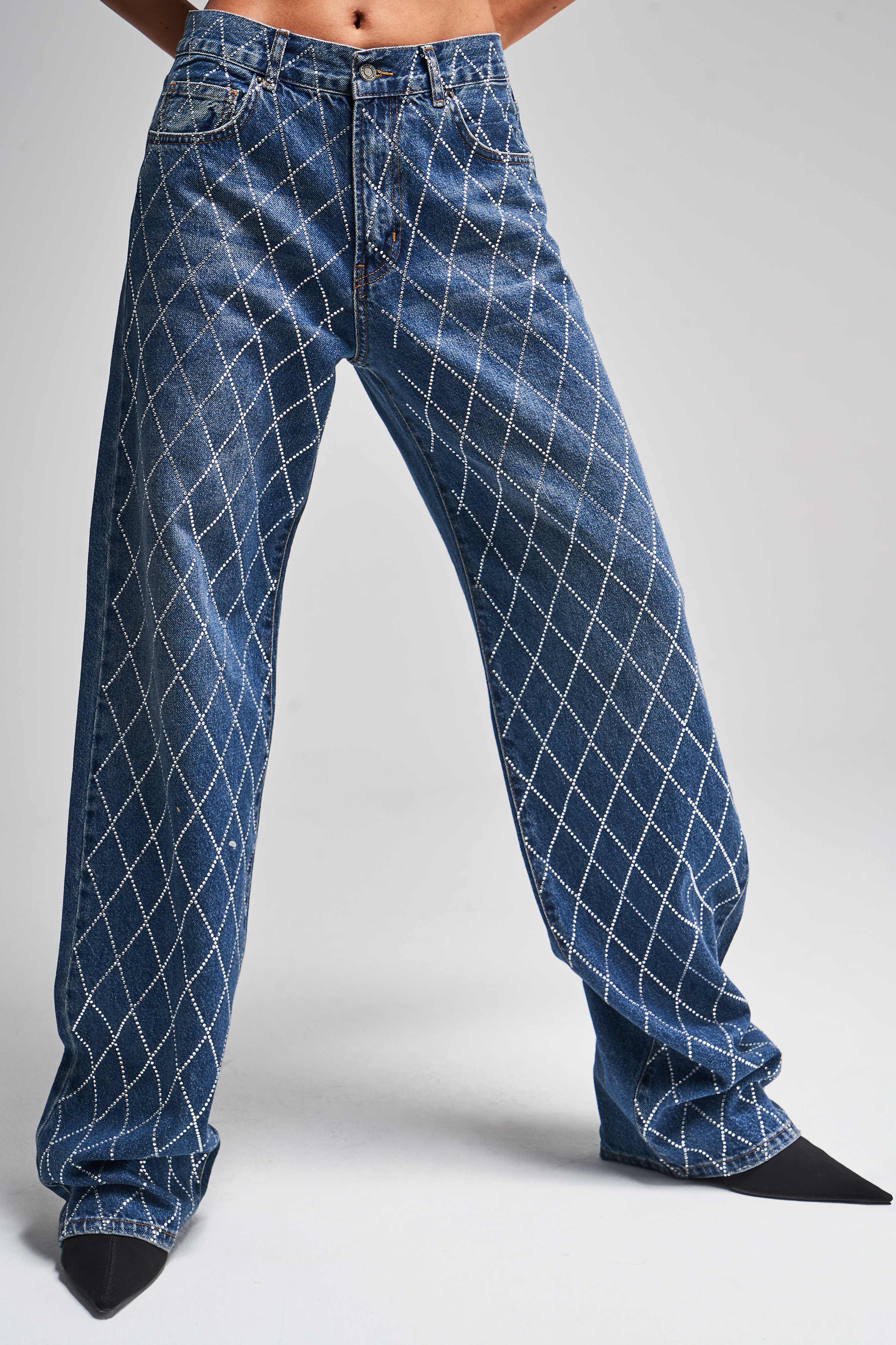 Kadın Koyu Mavi Renk Rita Loose Fit Önü Parlak Taşlı Tasarım Denim