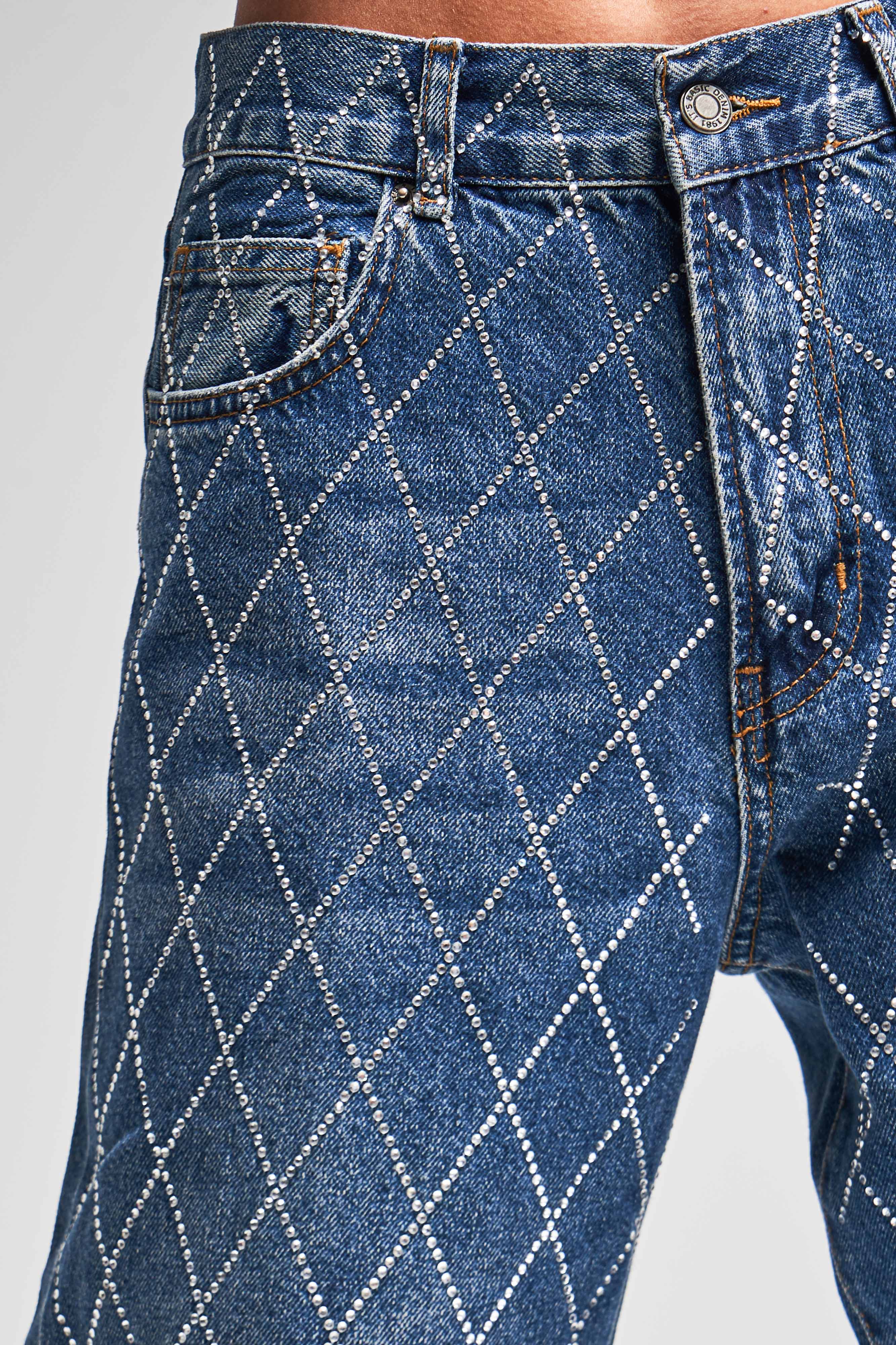 Kadın Koyu Mavi Renk Rita Loose Fit Önü Parlak Taşlı Tasarım Denim