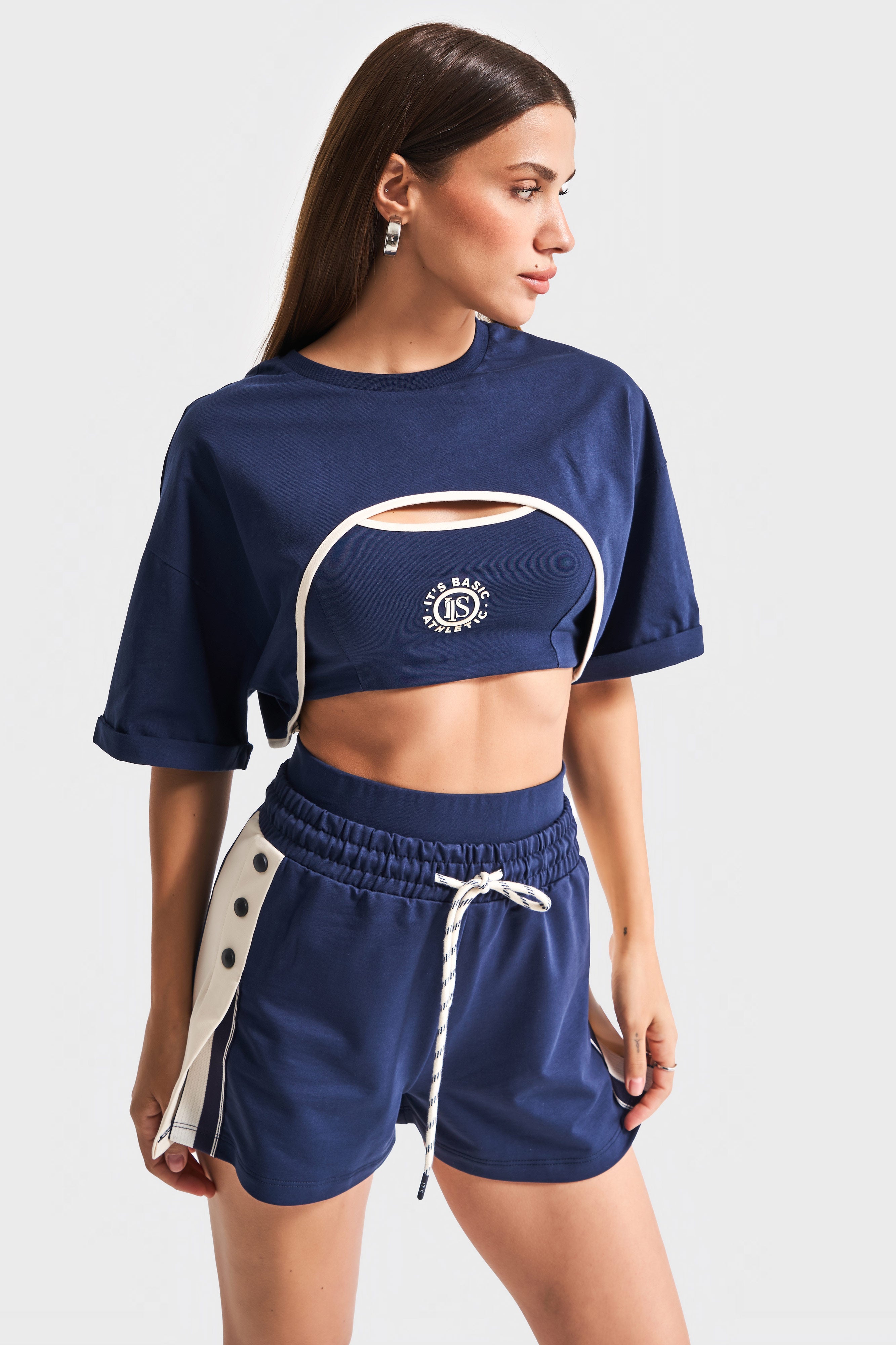 Kadın Koyu Mavi Renk s6-56 Şort Sporcu Braletli T-Shirt 3'lü Takım Kombin