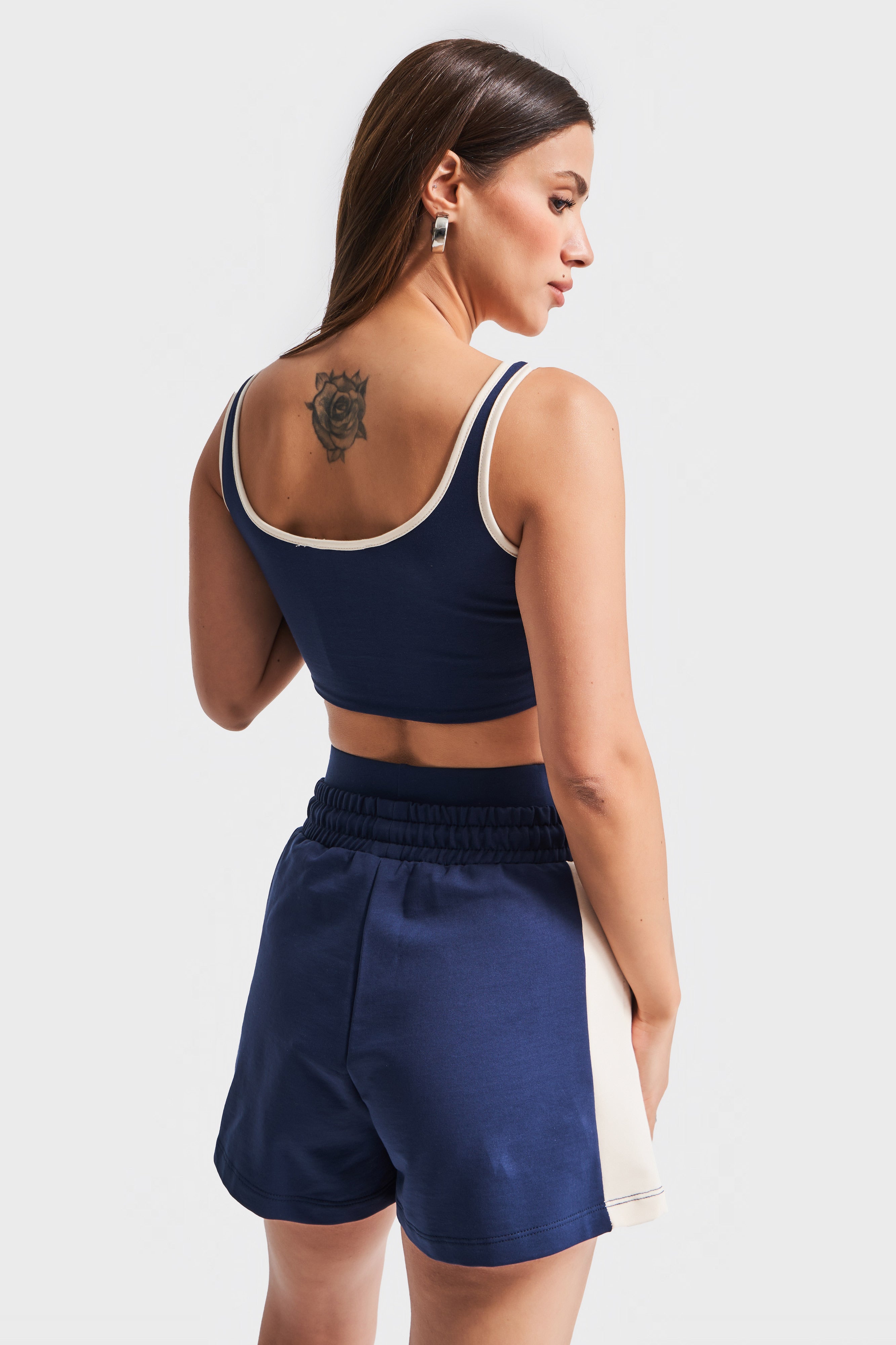 Kadın Koyu Mavi Renk s6-56 Şort Sporcu Braletli T-Shirt 3'lü Takım Kombin