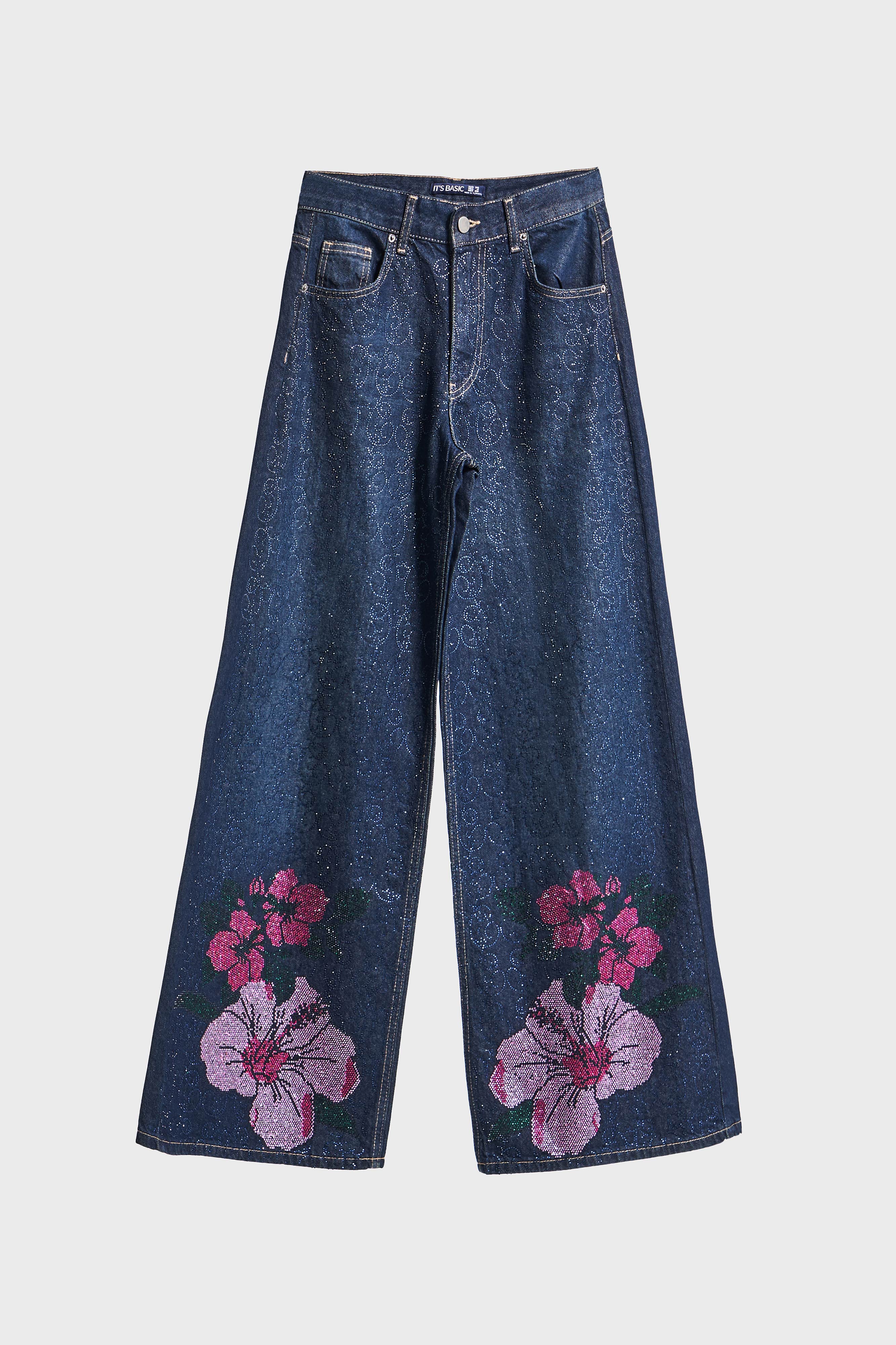 Kadın Koyu Mavi Renk T-2w5-128 Parlak Taş Gül Detaylı Özel Tasarım İç Boy 80cm Denim Jean