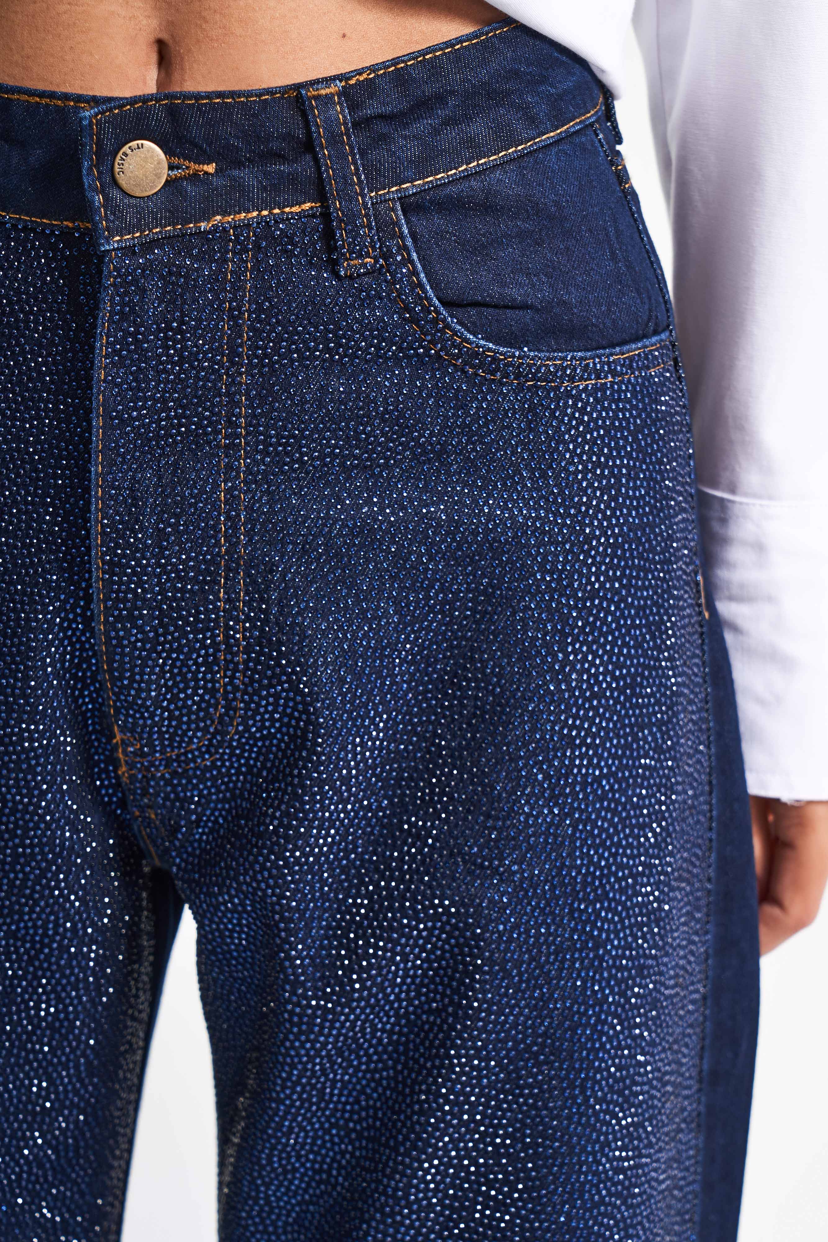 Kadın Koyu Mavi Renk T-7w5-50 Straight Fit Yüksek Bel Viskon Koton Kumaş Parlak Taşlı Tasarım Denim Jean