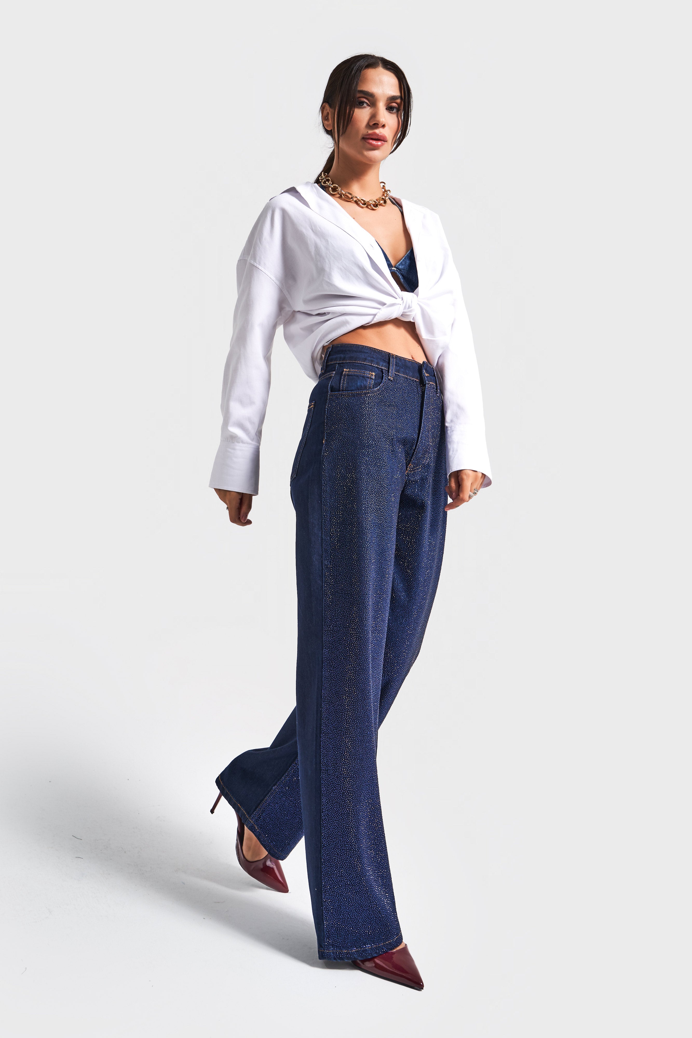 Kadın Koyu Mavi Renk T-7w5-50 Straight Fit Yüksek Bel Viskon Koton Kumaş Parlak Taşlı Tasarım Denim Jean