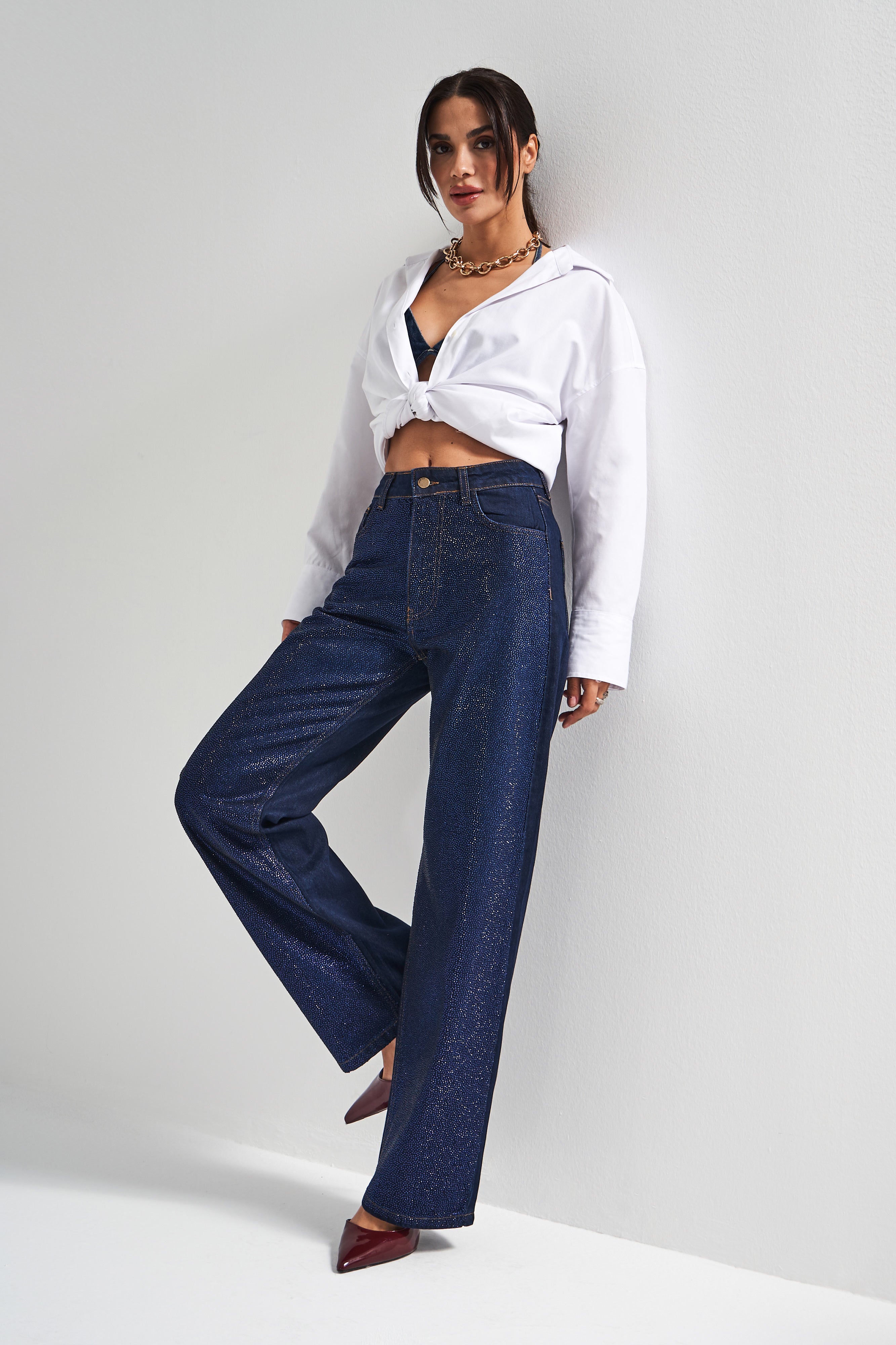 Kadın Koyu Mavi Renk T-7w5-50 Straight Fit Yüksek Bel Viskon Koton Kumaş Parlak Taşlı Tasarım Denim Jean