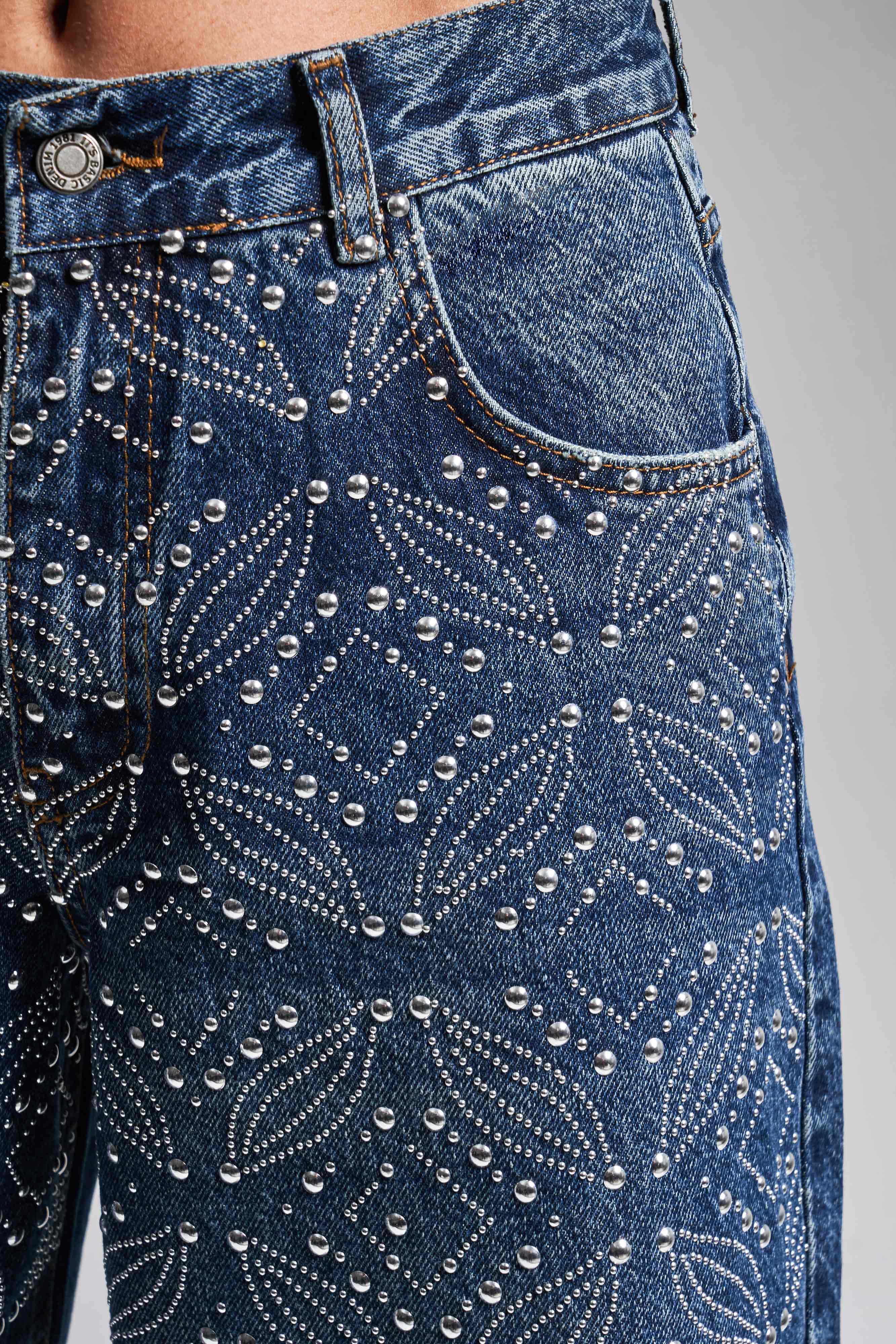 Kadın Koyu Mavi Renk T1-2W4-5 Palazzo Fit Etnik Parlak Taşlı Tasarım Denim Jean