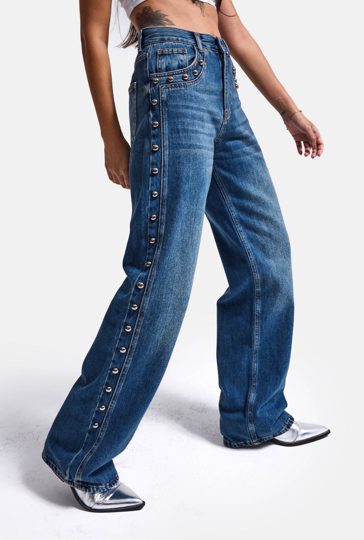 Kadın Koyu Mavi T-2w6-5 Loose Fit Drop Detraylı Özel Tasarım Denim Jean