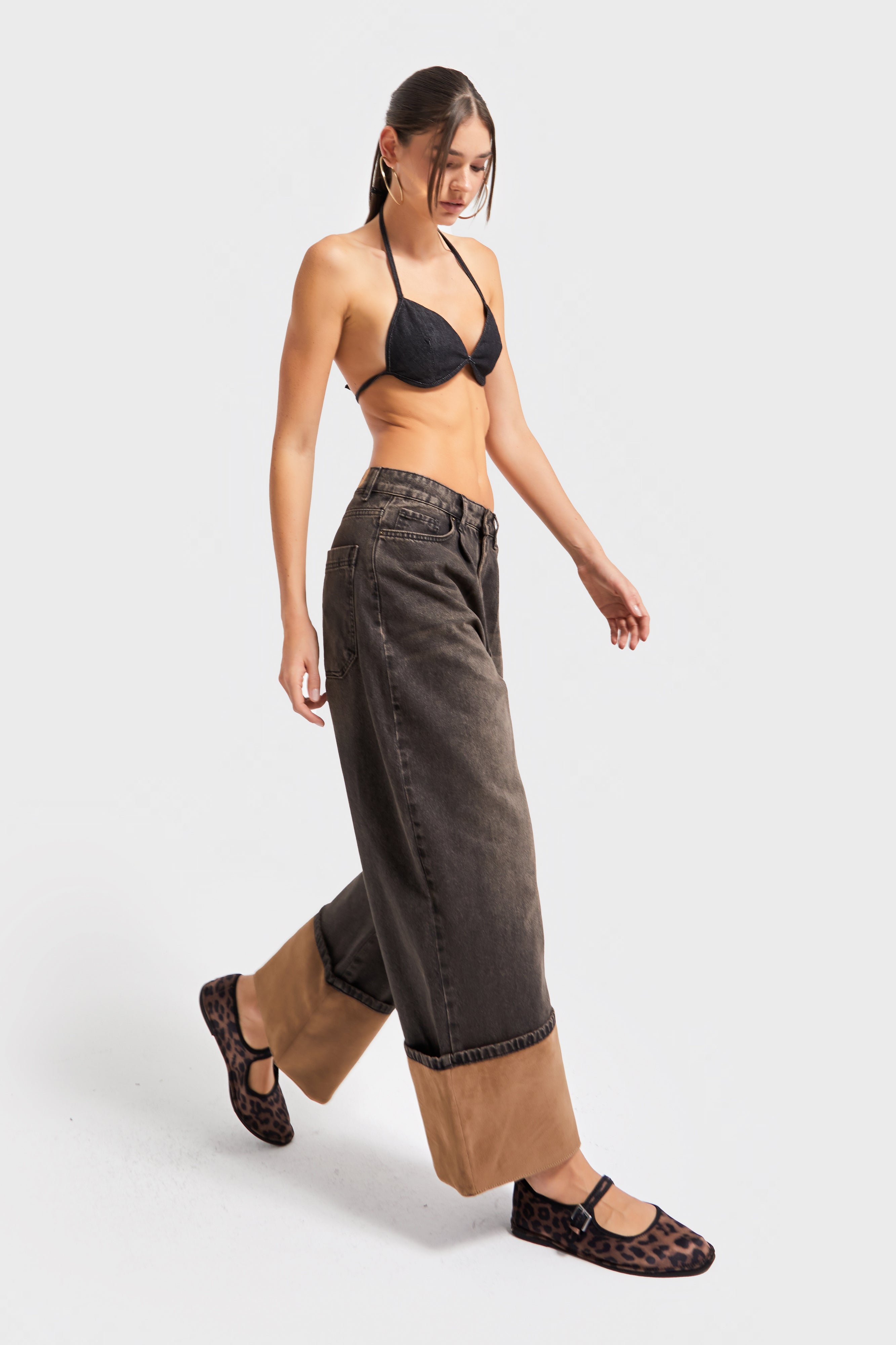 Kadın Koyu T.Kot Rengi 4w5-137 Süper Baggy Fit Paça Süet Kumaş Detaylı Tasarım Denim Jean