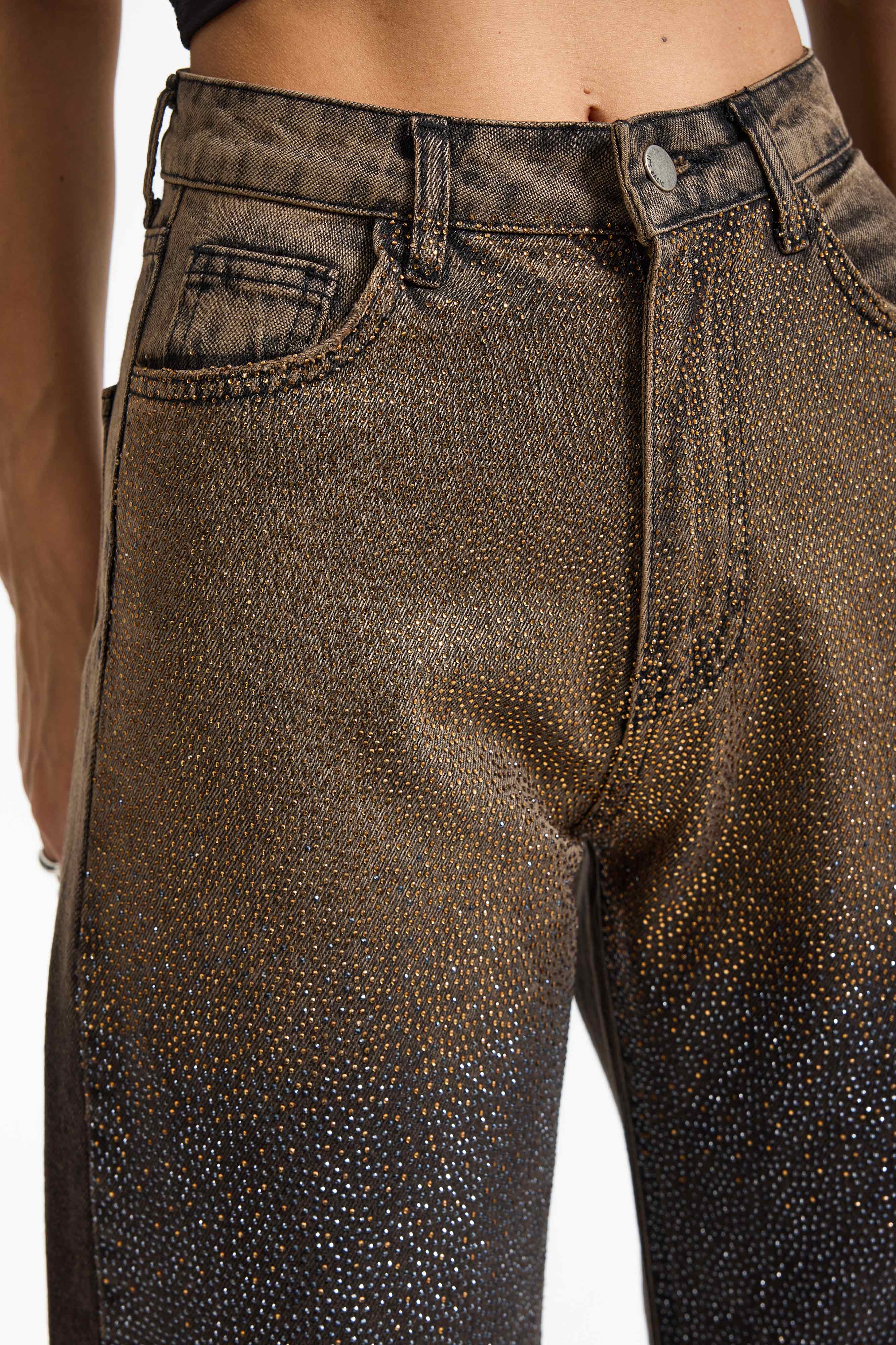 Kadın Koyu Taş Rengi T-21w5-81 Straight Fit Çift Renk Parlak Taş Detaylı Özel Tasarım Denim Jean