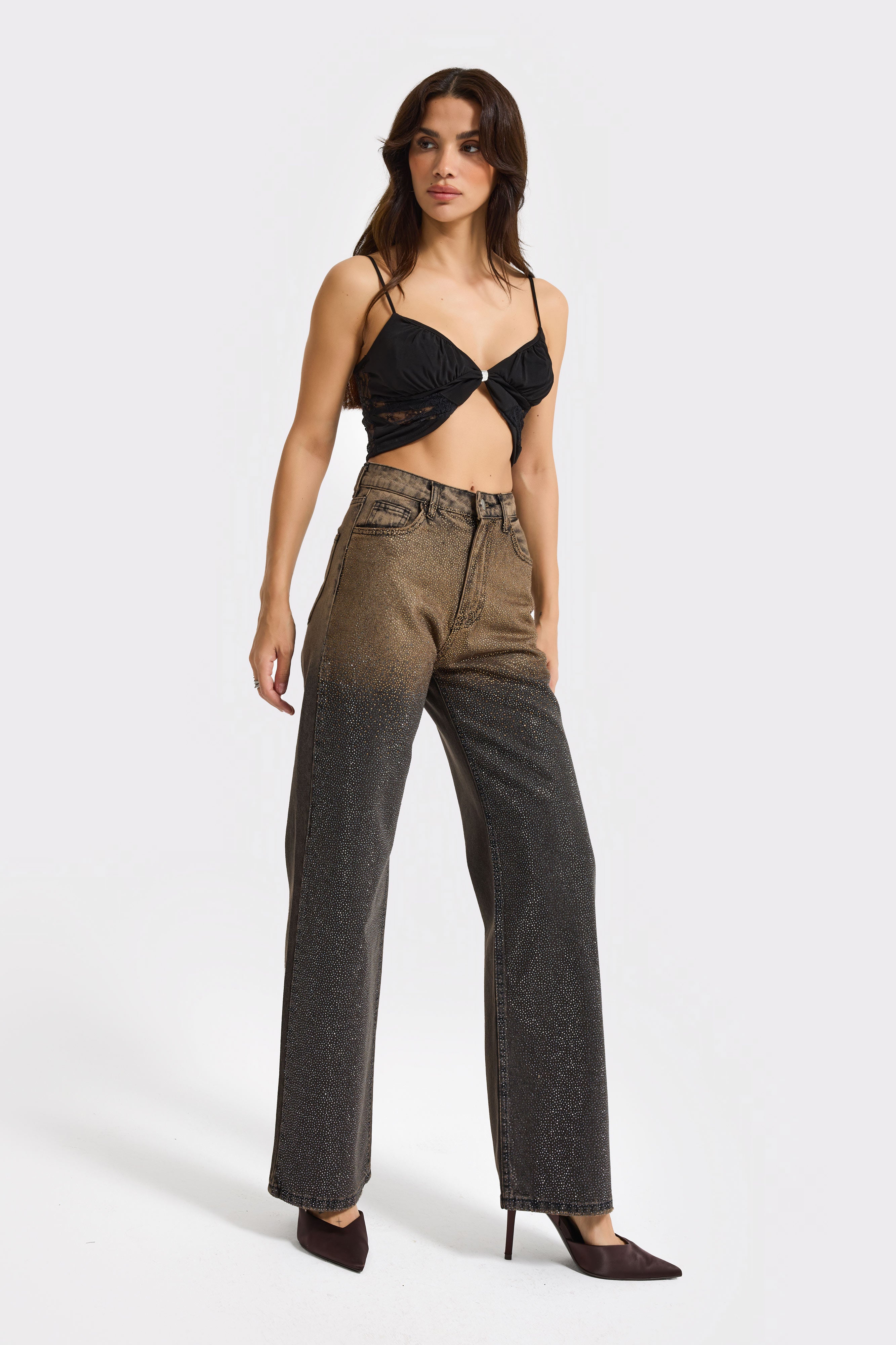 Kadın Koyu Taş Rengi T-21w5-81 Straight Fit Çift Renk Parlak Taş Detaylı Özel Tasarım Denim Jean