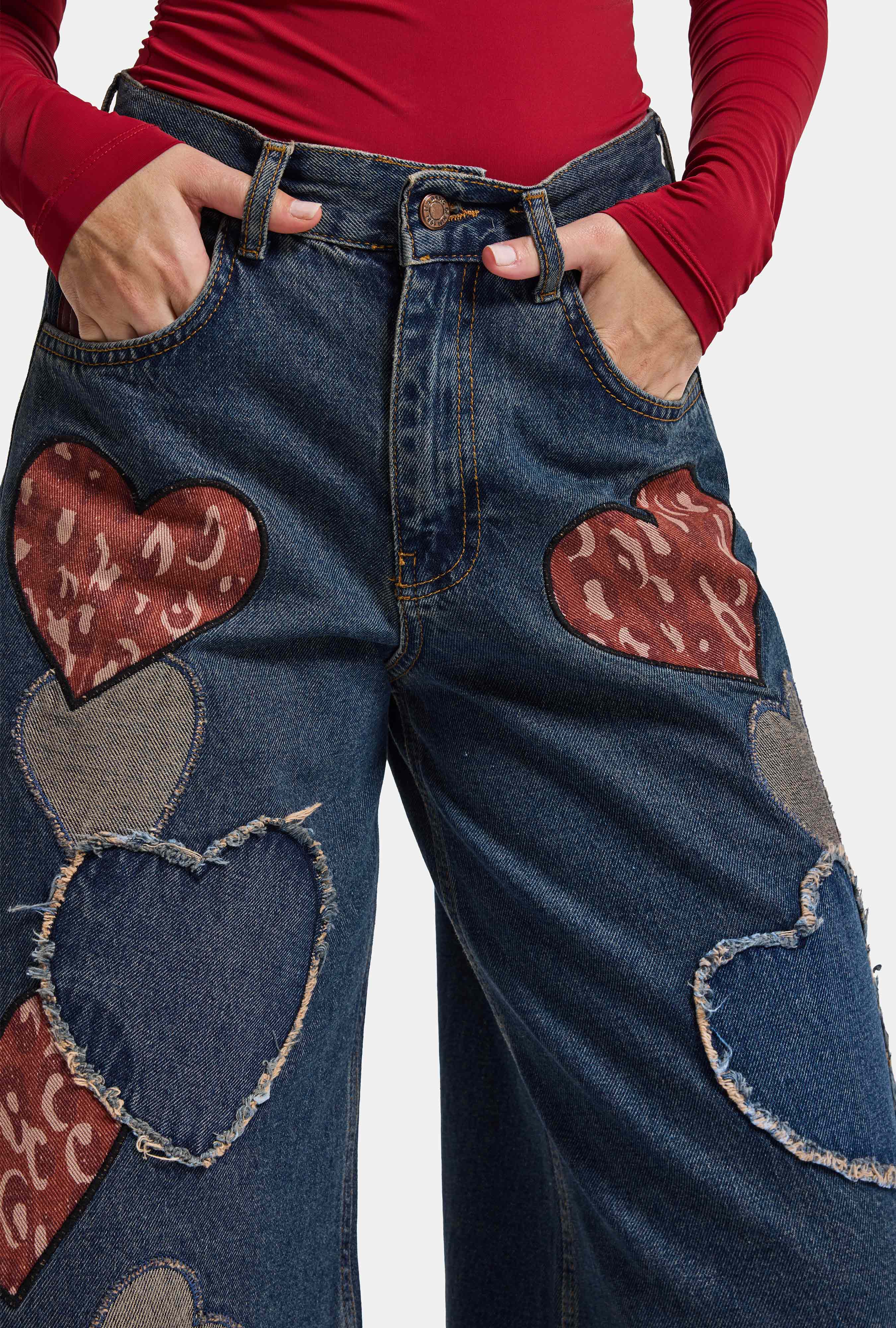 Kadın Koyu Tint 1w6-8 Palazzo Fit Özel Nakış Desenli Tasarım Denim Jean