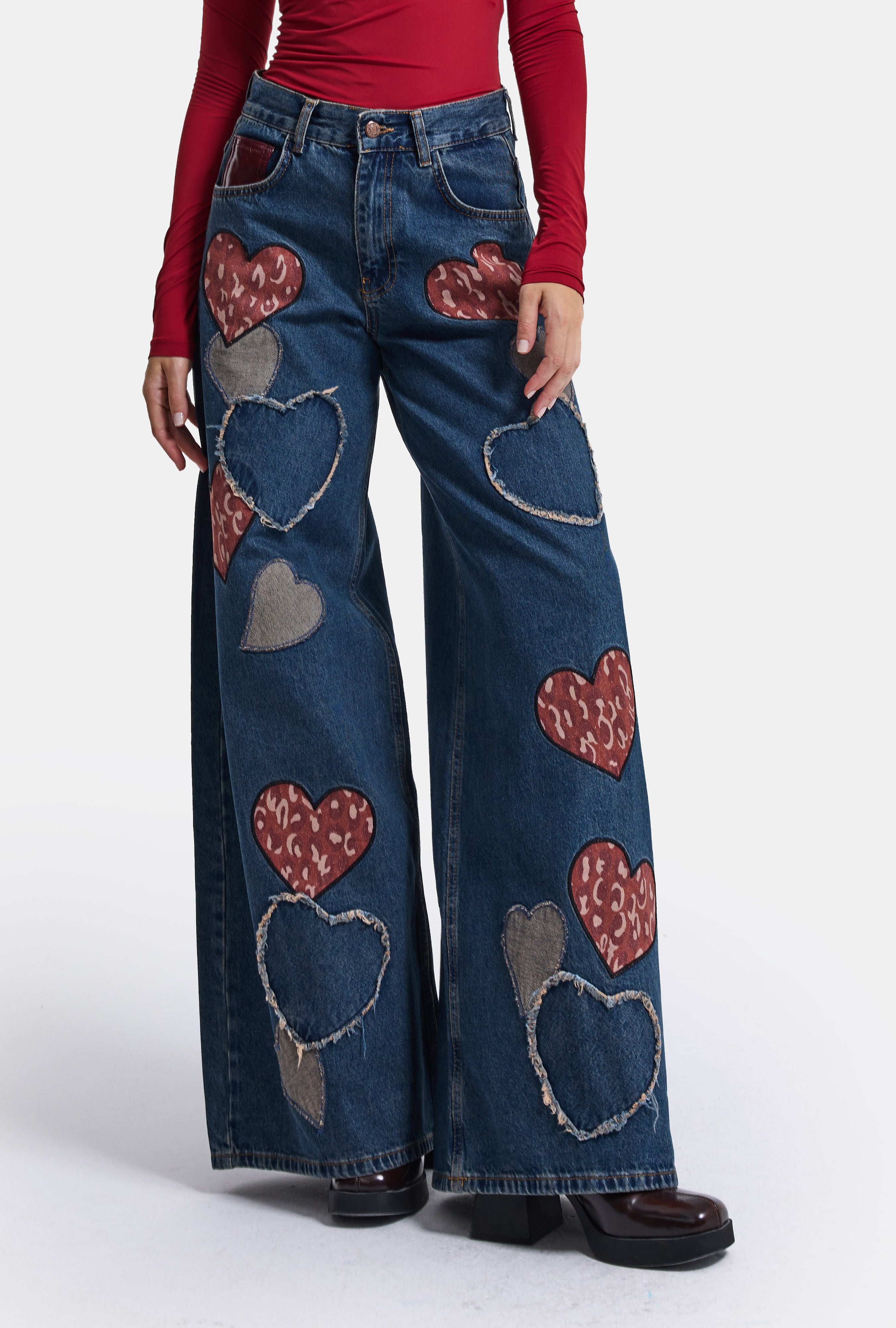 Kadın Koyu Tint 1w6-8 Palazzo Fit Özel Nakış Desenli Tasarım Denim Jean