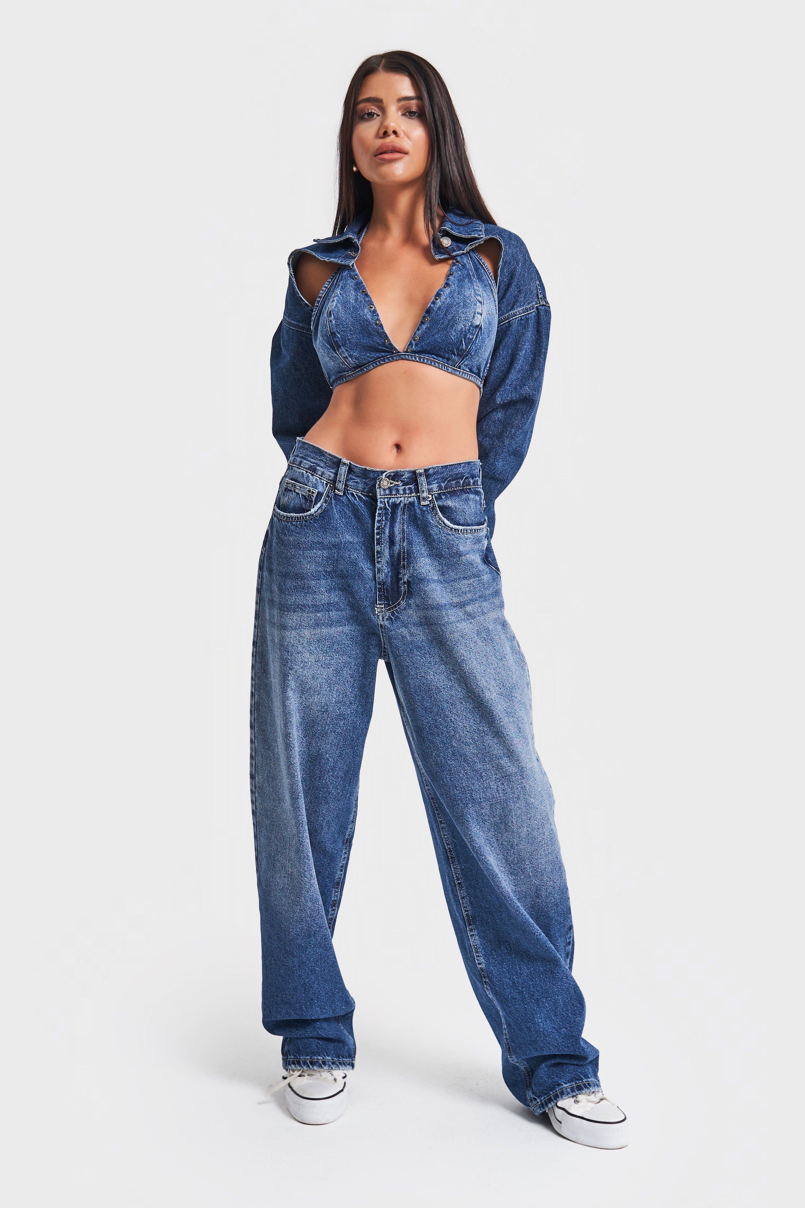 Kadın Koyu Tint Kot Rengi Cindy Skater Fit Bol Kesim Denim