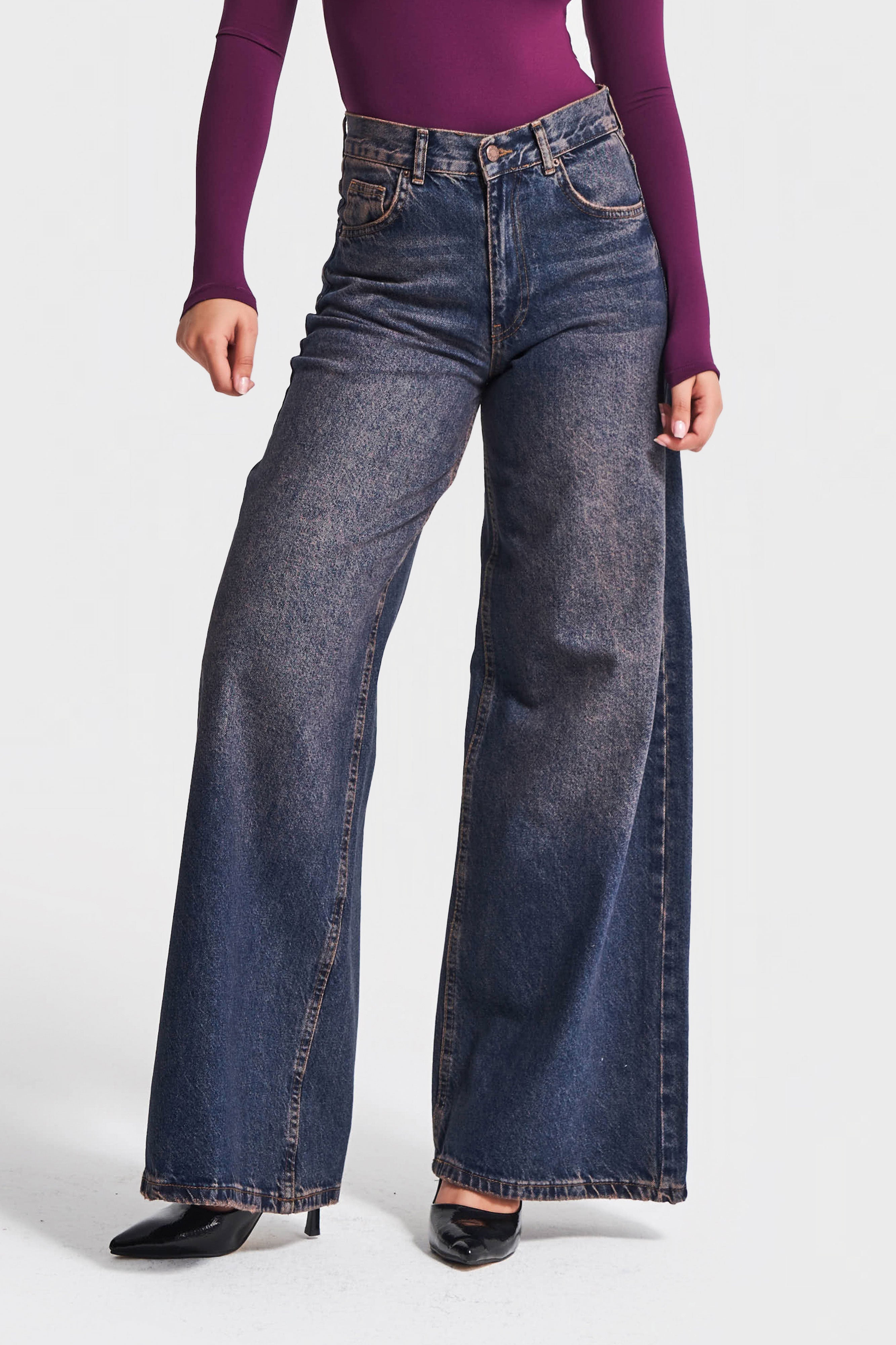 Kadın Koyu Tint Rengi Hera 2w5-61 Palazzo Fit %100 Koton Denim Jean