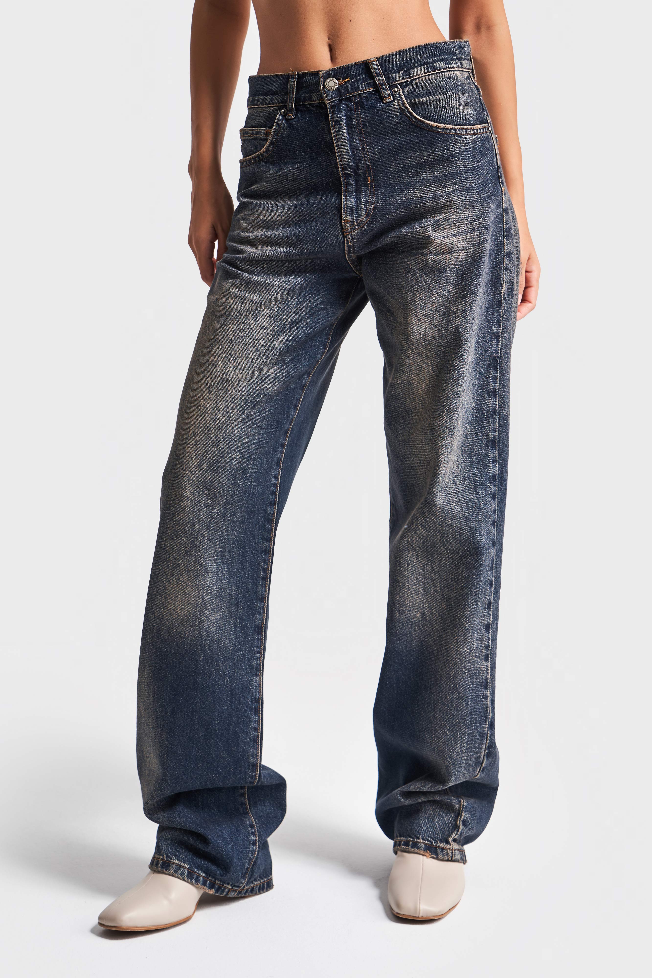 Kadın Koyu Tint Rengi Lora Loose Fit %100 Koton Ortabel Denim