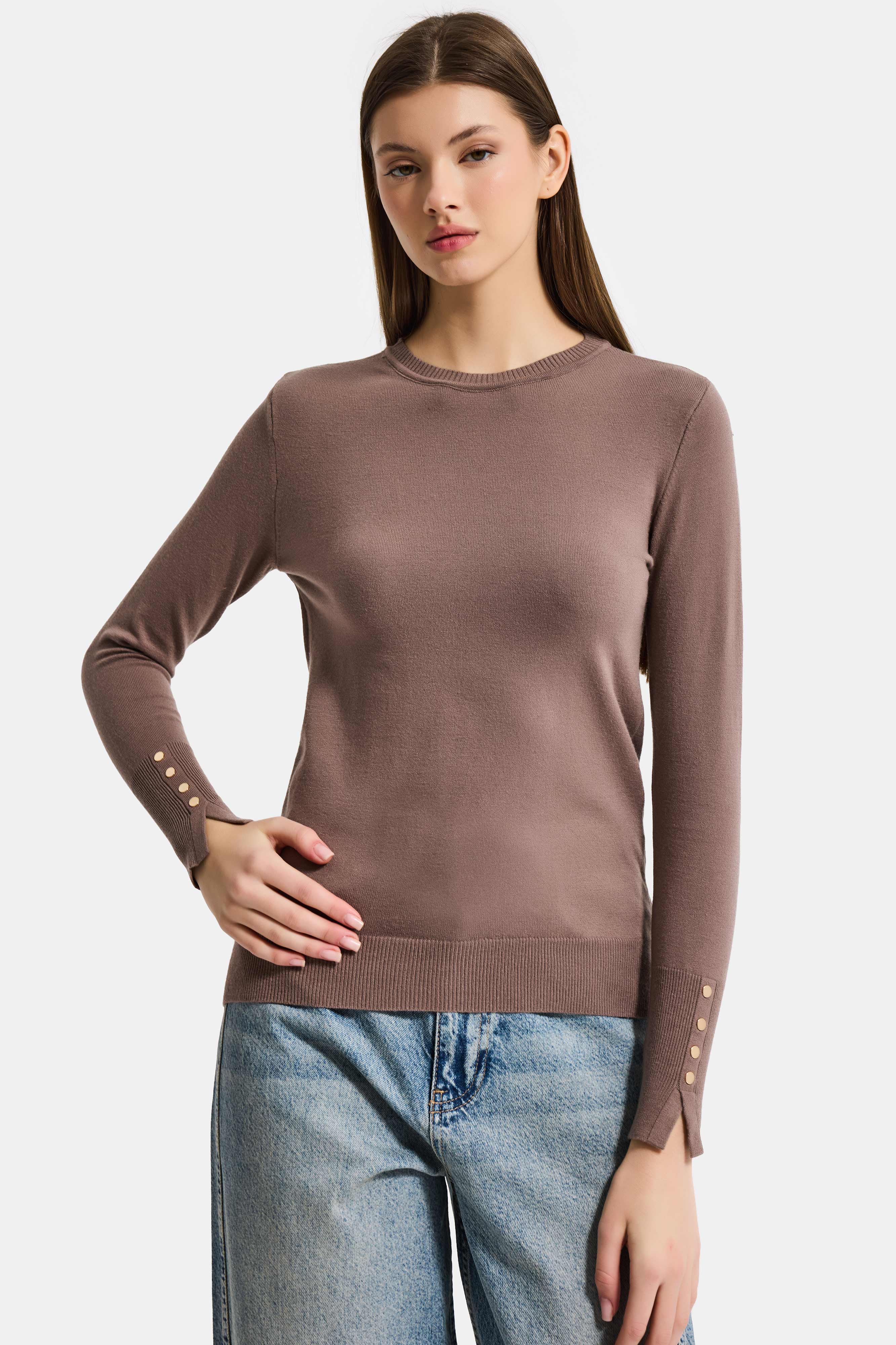 Kadın Koyu Vizon w5-82 Örme Triko Kumaş Bisiklet Yaka Kol Aksesuarlı Triko