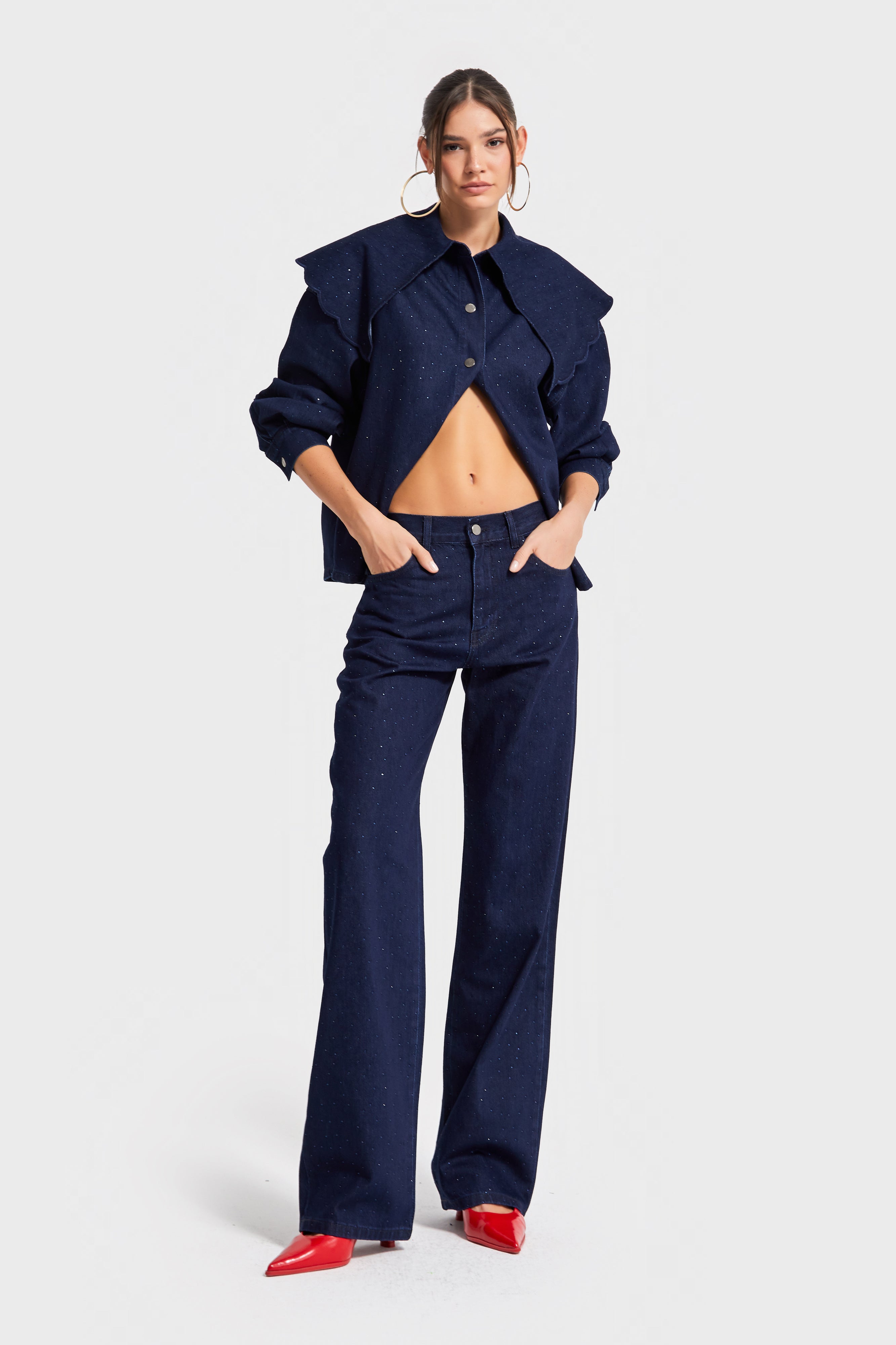 Kadın Laci İndigo Renk 7w5-50 Loose Fit Parlak Taş Detaylı İç Boy 80cm Özel Tasarım Denim Jean