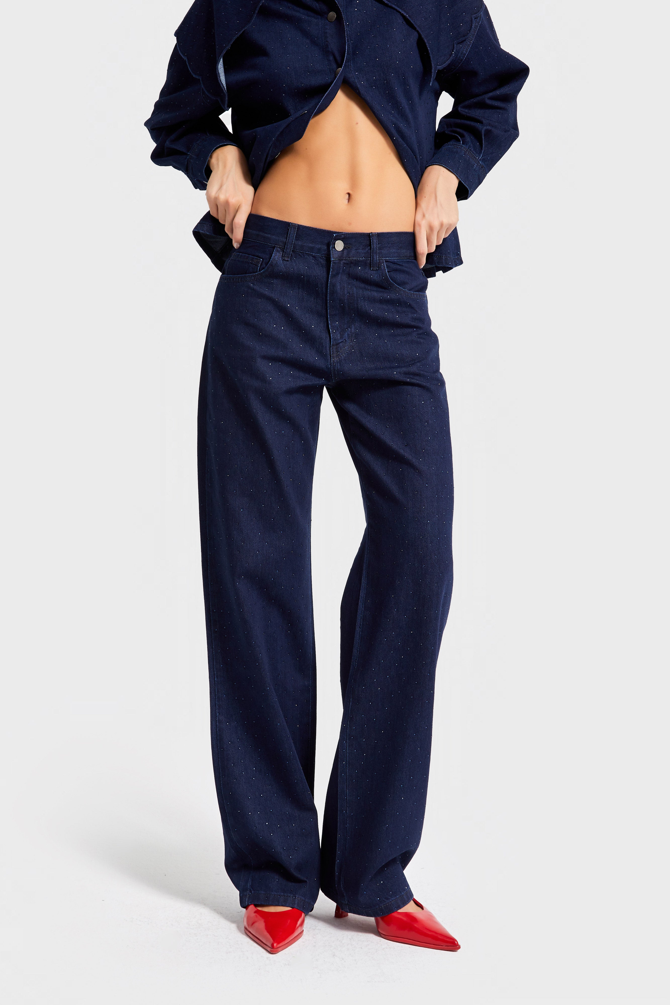 Kadın Laci İndigo Renk 7w5-50 Loose Fit Parlak Taş Detaylı İç Boy 80cm Özel Tasarım Denim Jean