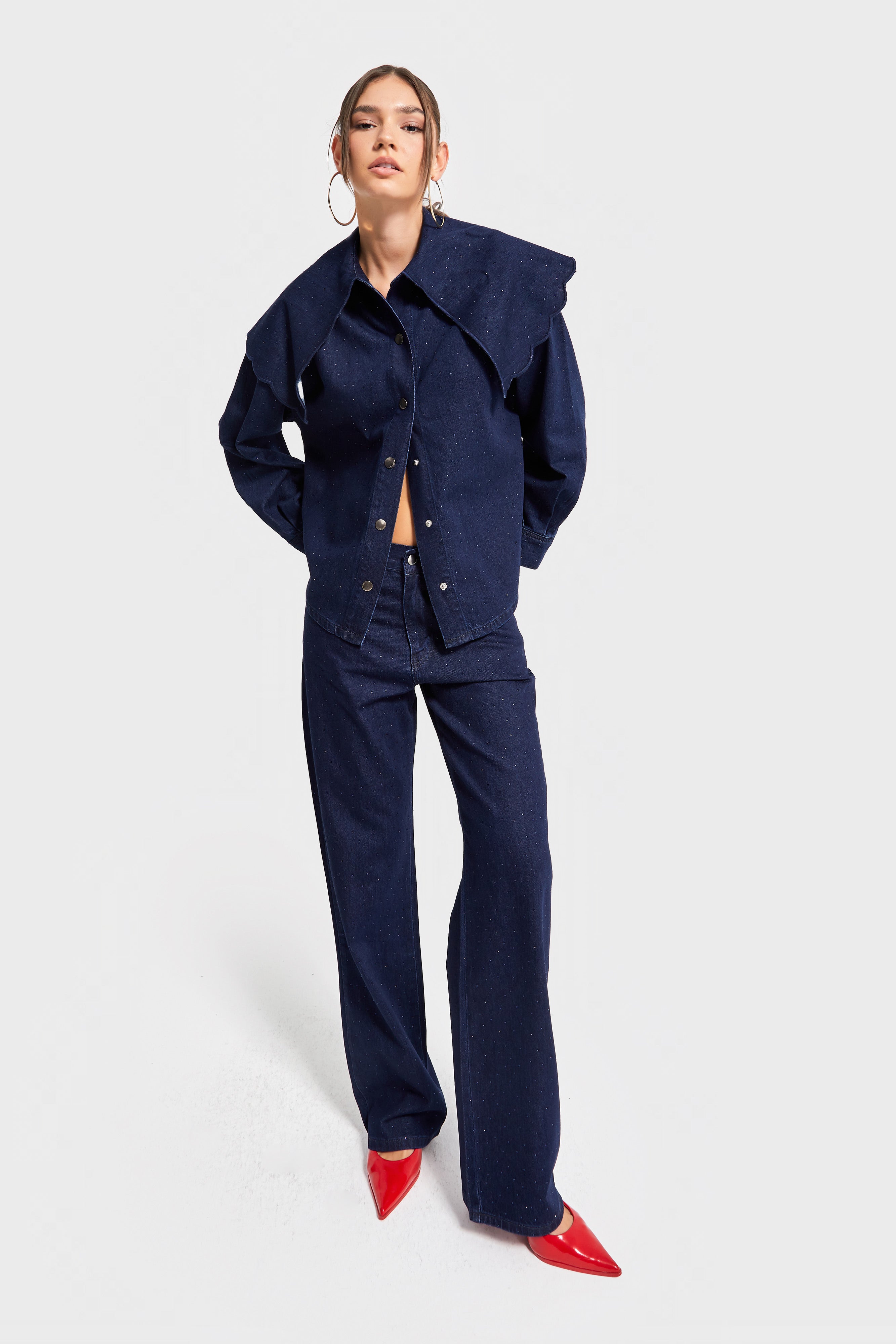 Kadın Laci İndigo Renk 7w5-50 Loose Fit Parlak Taş Detaylı İç Boy 80cm Özel Tasarım Denim Jean