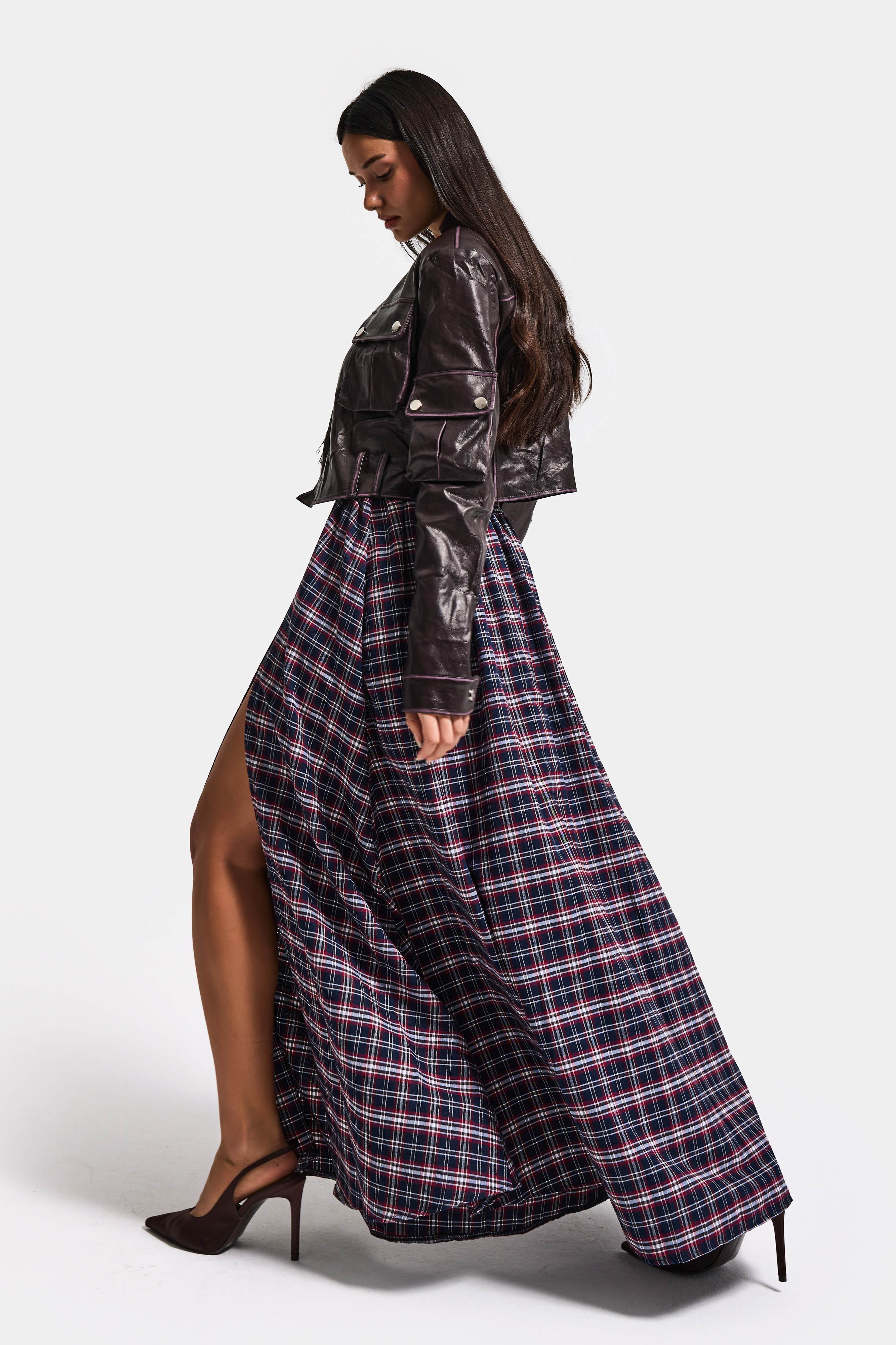 Kadın Lacivert Ekose s6-17 Maxi Boy Yırtmaç Detaylı Pamuk Koton Etek