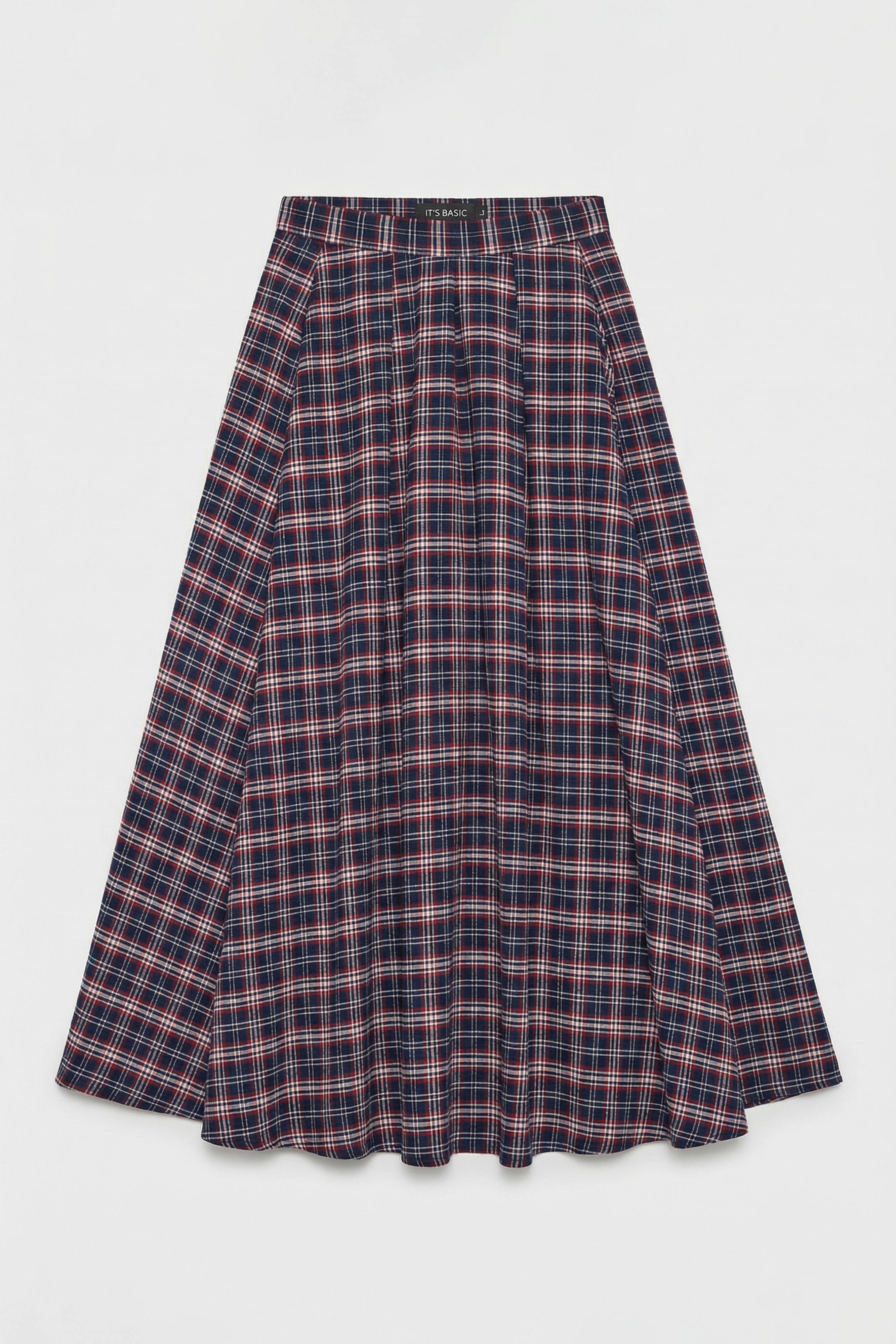 Kadın Lacivert Ekose s6-17 Maxi Boy Yırtmaç Detaylı Pamuk Koton Etek